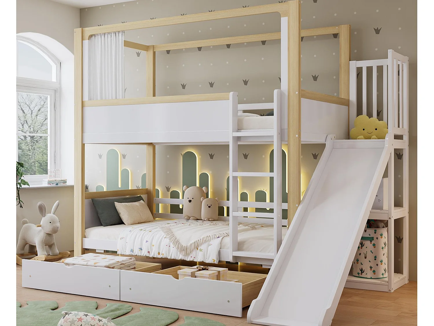 Lit superposé 90x200 cm - avec toboggan pour enfants - avec 2 tiroirs - avec des rideaux - Bois massif + MDF - Blanc + Naturel (sans matelas)