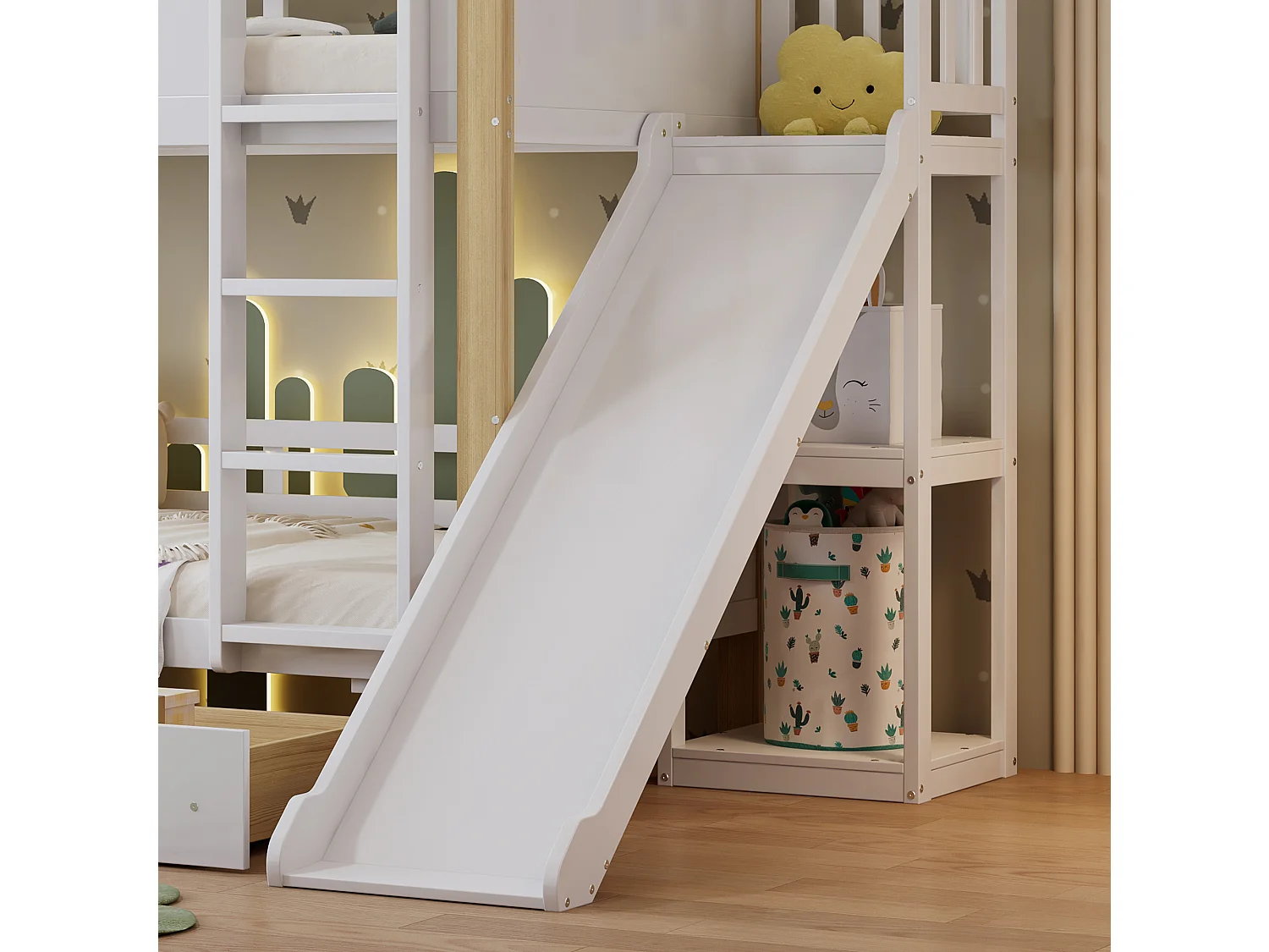 Lit superposé 90x200 cm - avec toboggan pour enfants - avec 2 tiroirs - avec des rideaux - Bois massif + MDF - Blanc + Naturel (sans matelas)