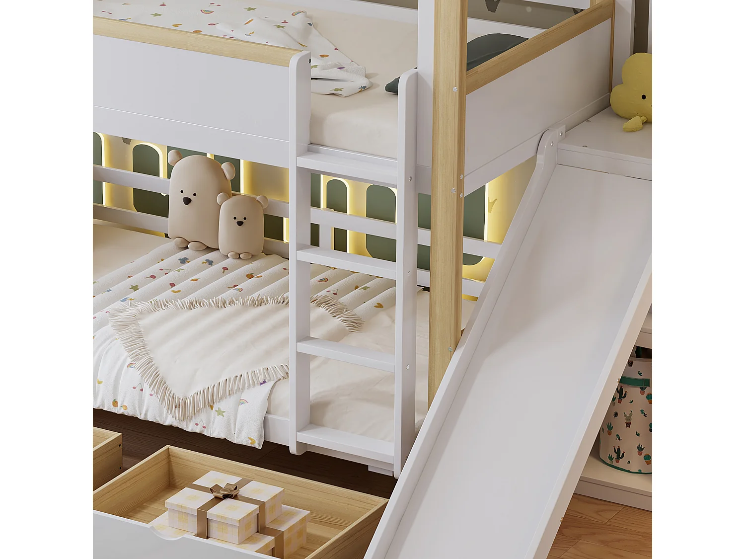 Lit superposé 90x200 cm - avec toboggan pour enfants - avec 2 tiroirs - avec des rideaux - Bois massif + MDF - Blanc + Naturel (sans matelas)