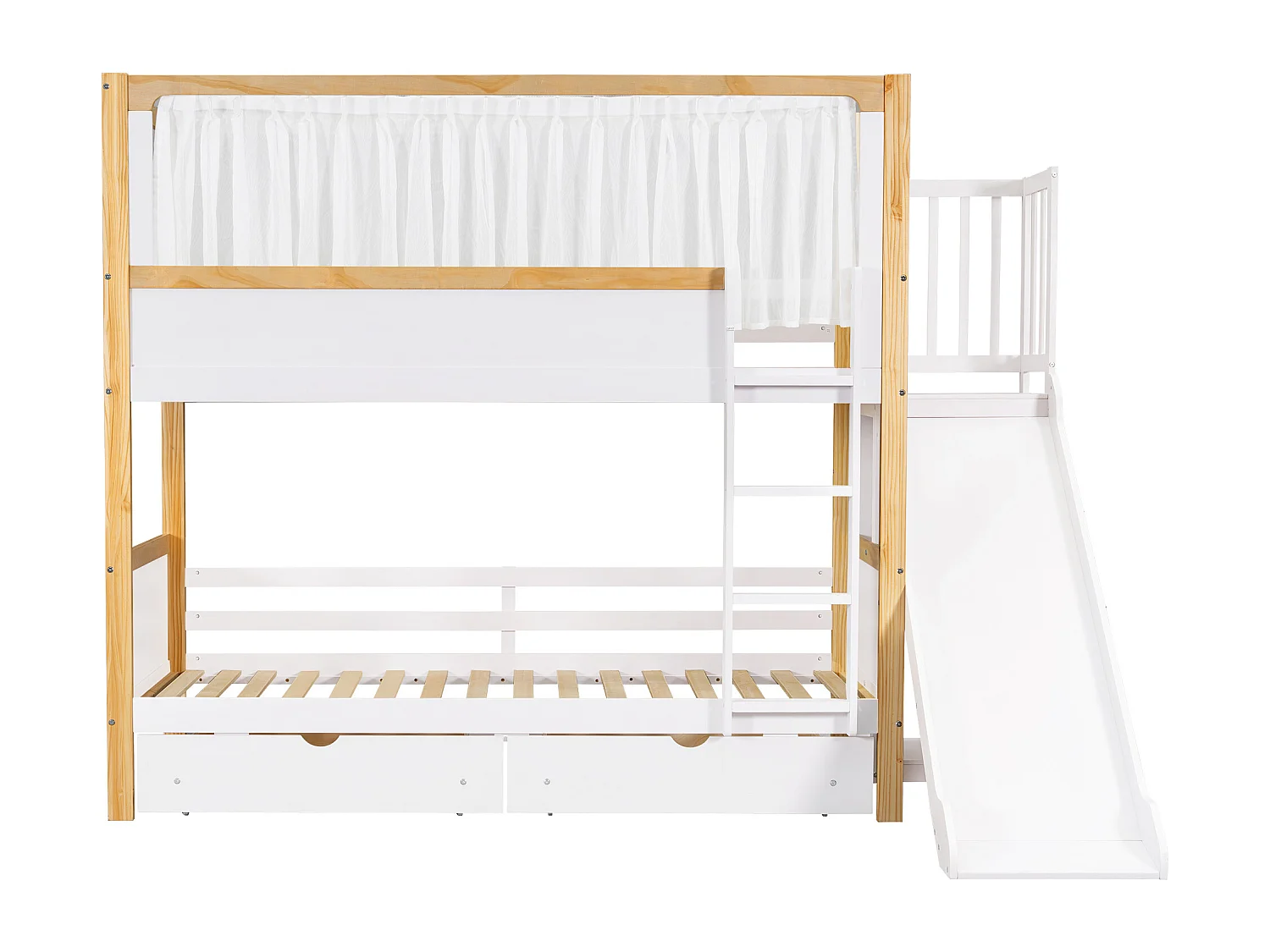 Lit superposé 90x200 cm - avec toboggan pour enfants - avec 2 tiroirs - avec des rideaux - Bois massif + MDF - Blanc + Naturel (sans matelas)