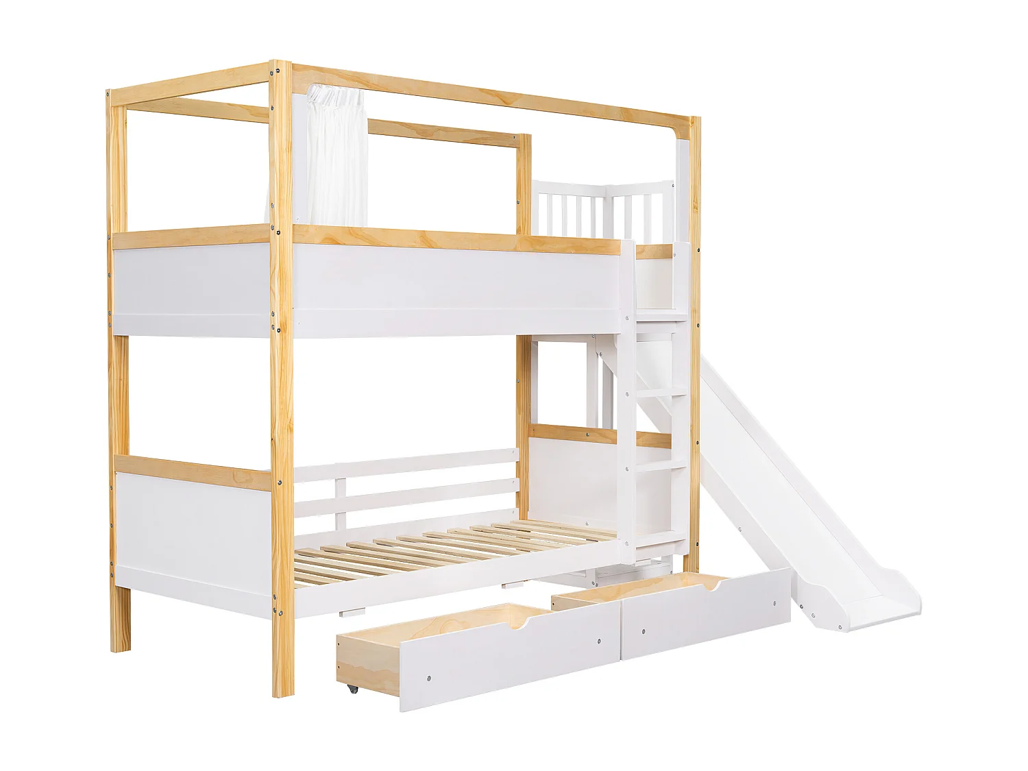 Lit superposé 90x200 cm - avec toboggan pour enfants - avec 2 tiroirs - avec des rideaux - Bois massif + MDF - Blanc + Naturel (sans matelas)