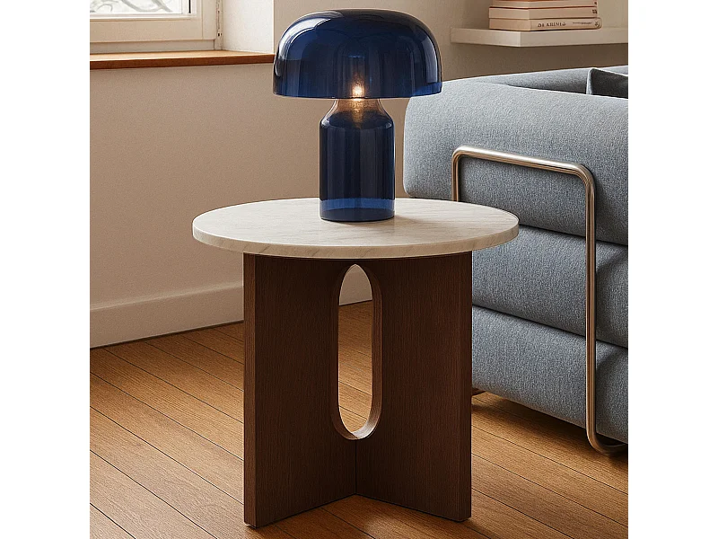 Table basse moderne ronde 50 cm effet marbre bois foncé