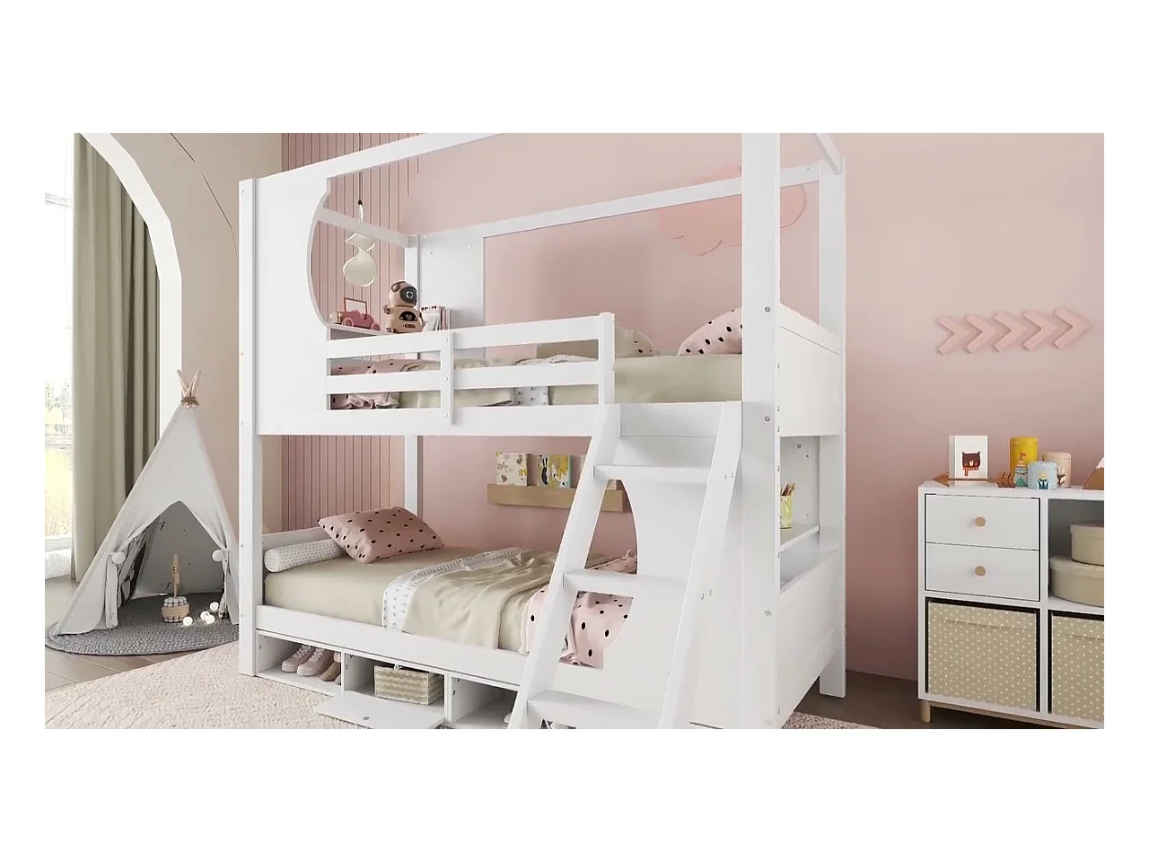 Lit superposé 90x200 cm - avec échelle de sécurité - meuble à chaussures à 4 compartiments - avec étagères - Bois massif + MDF - Blanc