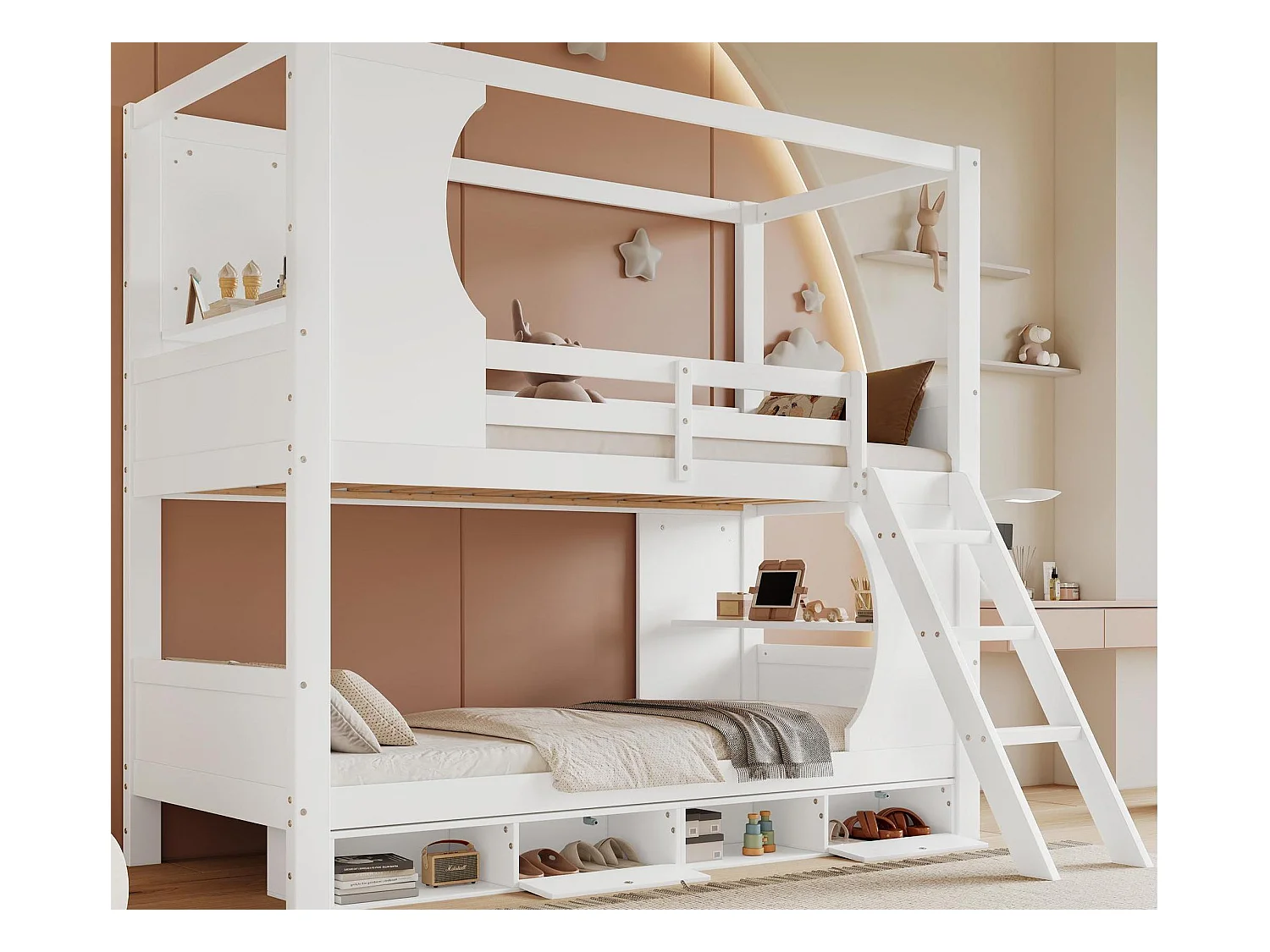 Lit superposé 90x200 cm - avec échelle de sécurité - meuble à chaussures à 4 compartiments - avec étagères - Bois massif + MDF - Blanc