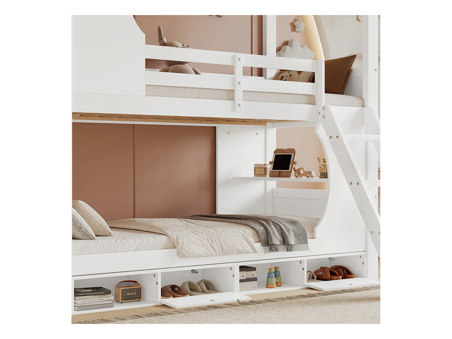 Lit superposé 90x200 cm - avec échelle de sécurité - meuble à chaussures à 4 compartiments - avec étagères - Bois massif + MDF - Blanc