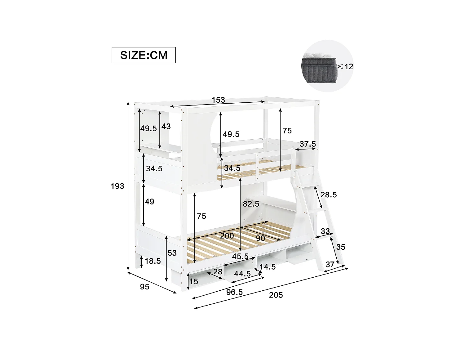 Lit superposé 90x200 cm - avec échelle de sécurité - meuble à chaussures à 4 compartiments - avec étagères - Bois massif + MDF - Blanc