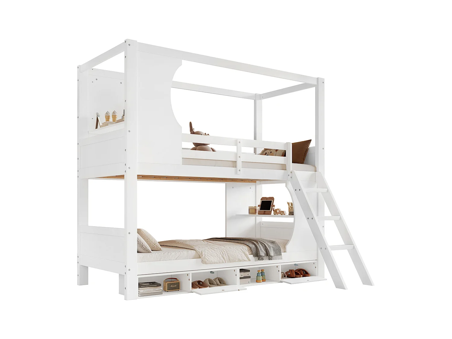 Lit superposé 90x200 cm - avec échelle de sécurité - meuble à chaussures à 4 compartiments - avec étagères - Bois massif + MDF - Blanc