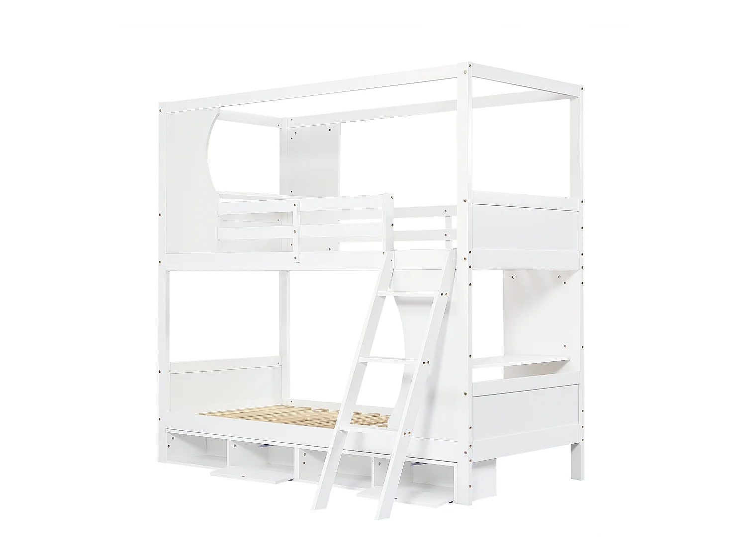 Lit superposé 90x200 cm - avec échelle de sécurité - meuble à chaussures à 4 compartiments - avec étagères - Bois massif + MDF - Blanc