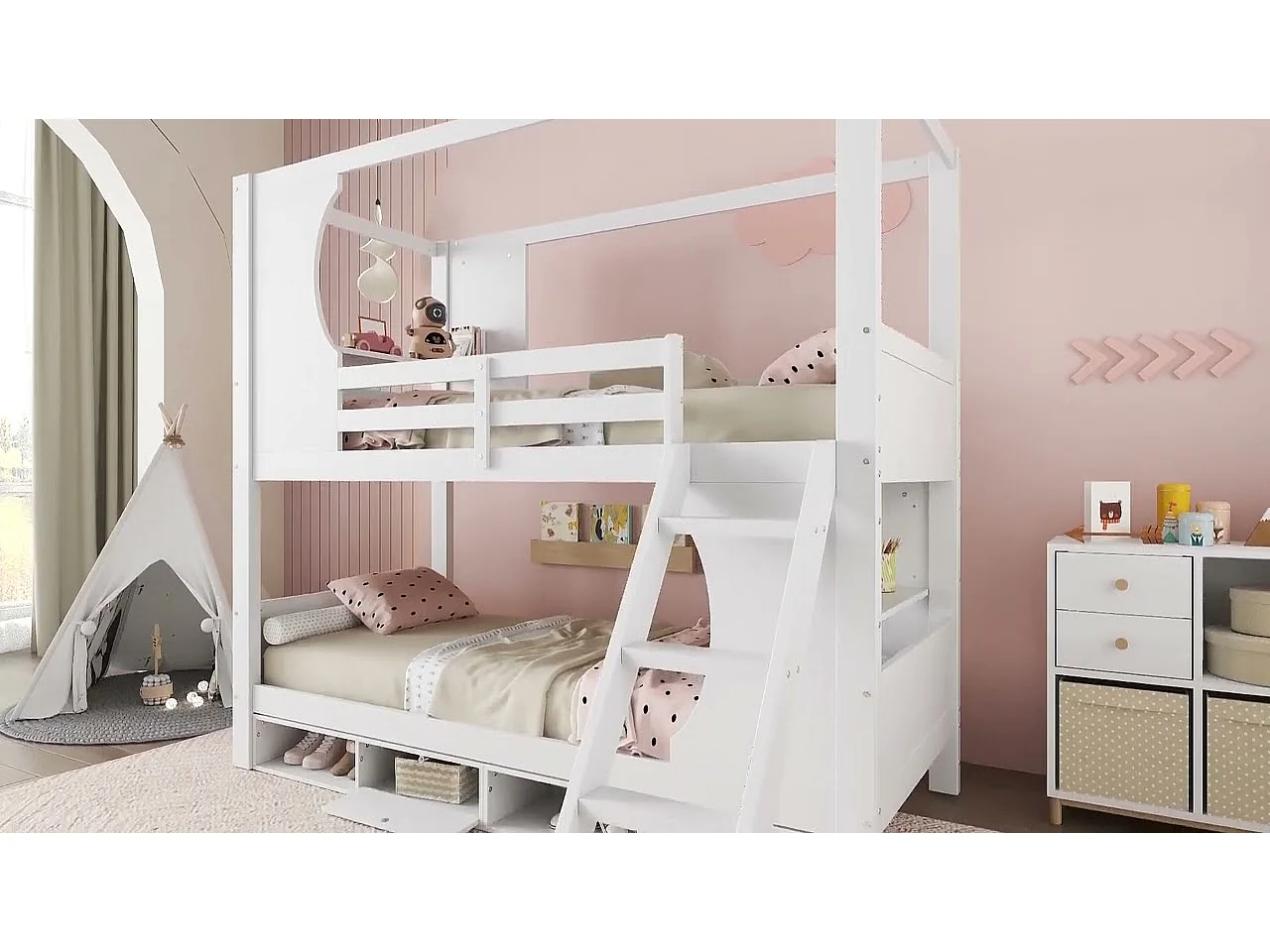 Etagenbett 90×200 cm - mit Sicherheitsleiter - 4-Fach-Schuhschrank - mit Regalböden - Massivholz + MDF - weiß