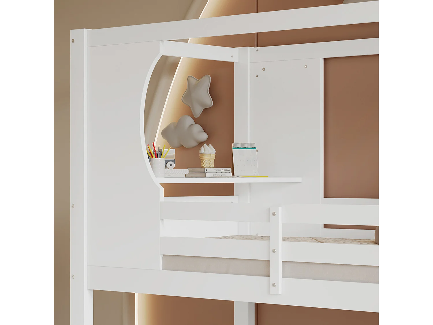 Etagenbett 90×200 cm - mit Sicherheitsleiter - 4-Fach-Schuhschrank - mit Regalböden - Massivholz + MDF - weiß