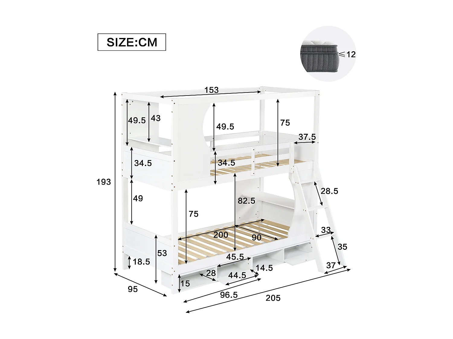 Etagenbett 90×200 cm - mit Sicherheitsleiter - 4-Fach-Schuhschrank - mit Regalböden - Massivholz + MDF - weiß