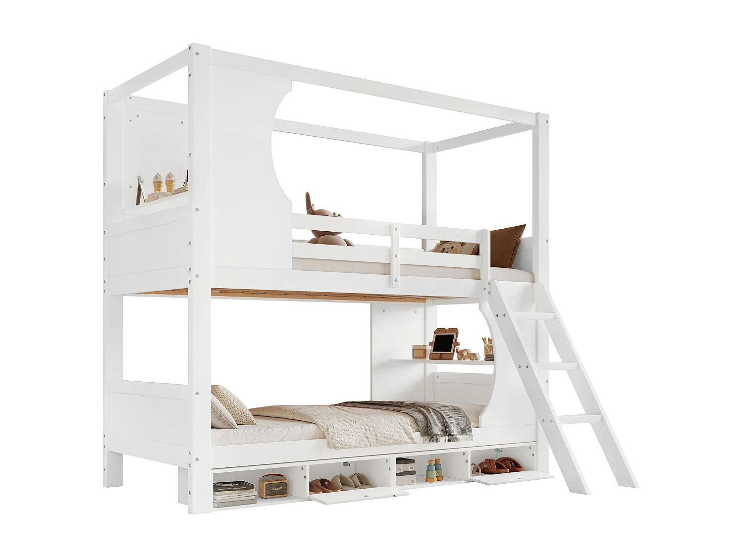 Etagenbett 90×200 cm - mit Sicherheitsleiter - 4-Fach-Schuhschrank - mit Regalböden - Massivholz + MDF - weiß