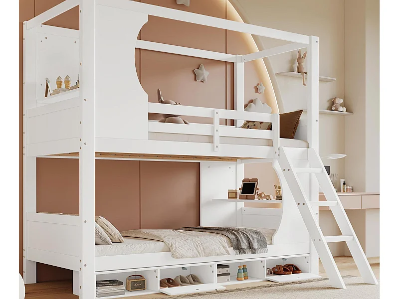 Łóżko piętrowe 90×200 cm - z drabiną bezpieczeństwa - 4-przedziałowa szafka na buty - z półkami - Drewno lite + MDF - biały