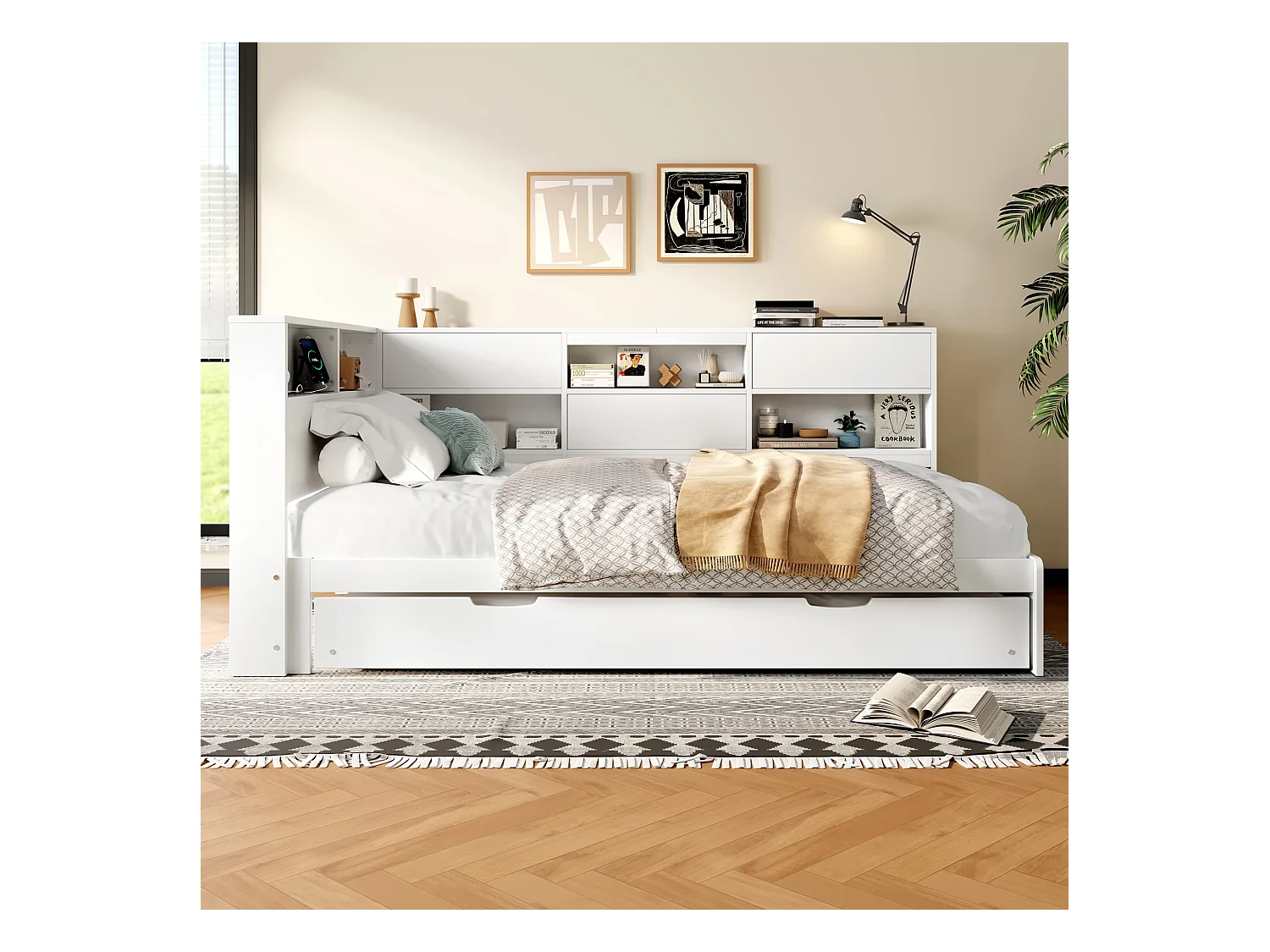 Sofa z łóżkiem 90×200 cm - z USB + Type-C - ze schowkiem - z łóżkiem wysuwanym - biała (materac nie jest zawarty)