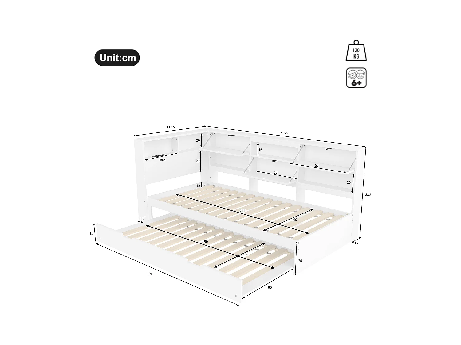 Sofa z łóżkiem 90×200 cm - z USB + Type-C - ze schowkiem - z łóżkiem wysuwanym - biała (materac nie jest zawarty)