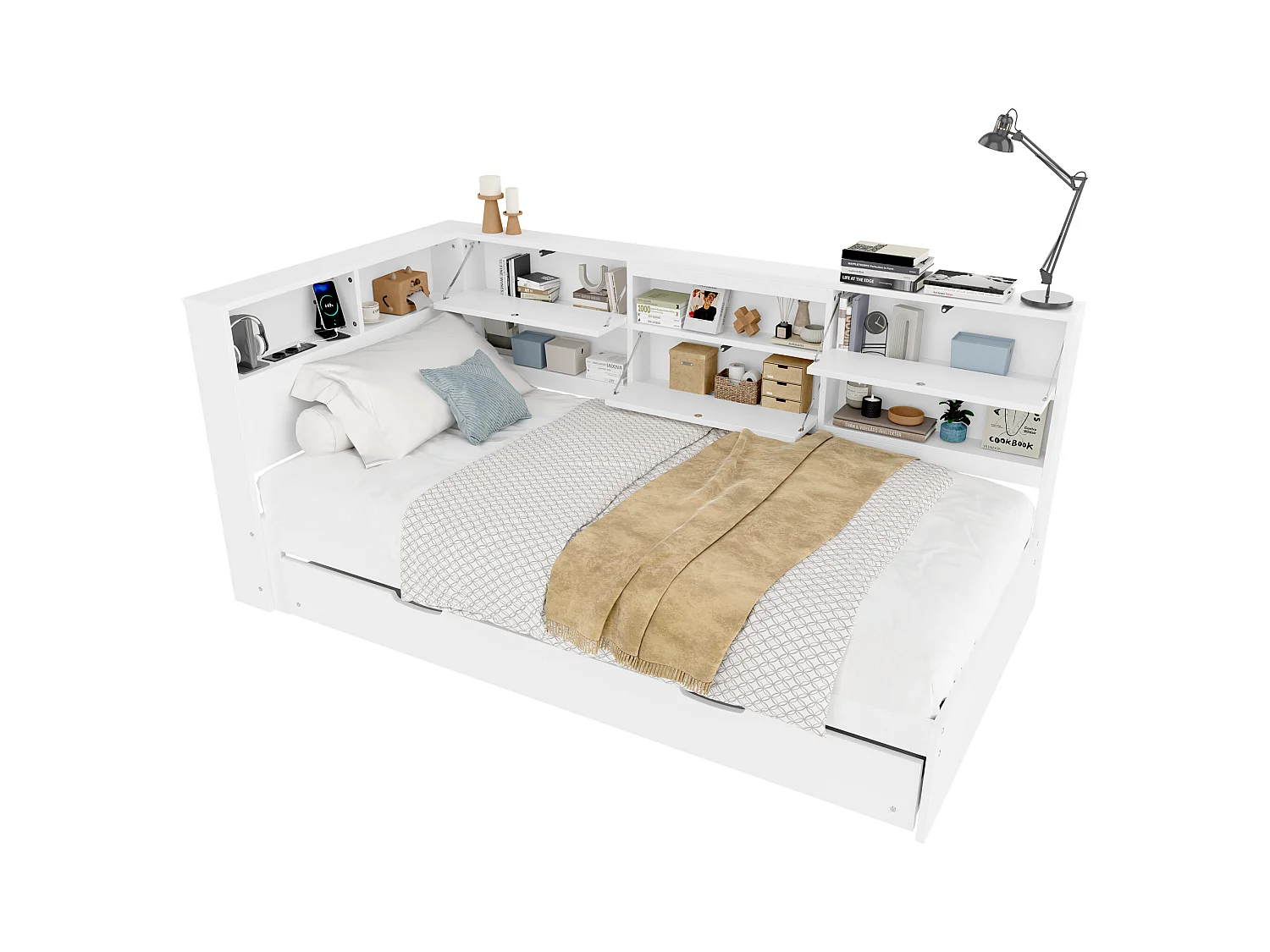 Sofa z łóżkiem 90×200 cm - z USB + Type-C - ze schowkiem - z łóżkiem wysuwanym - biała (materac nie jest zawarty)