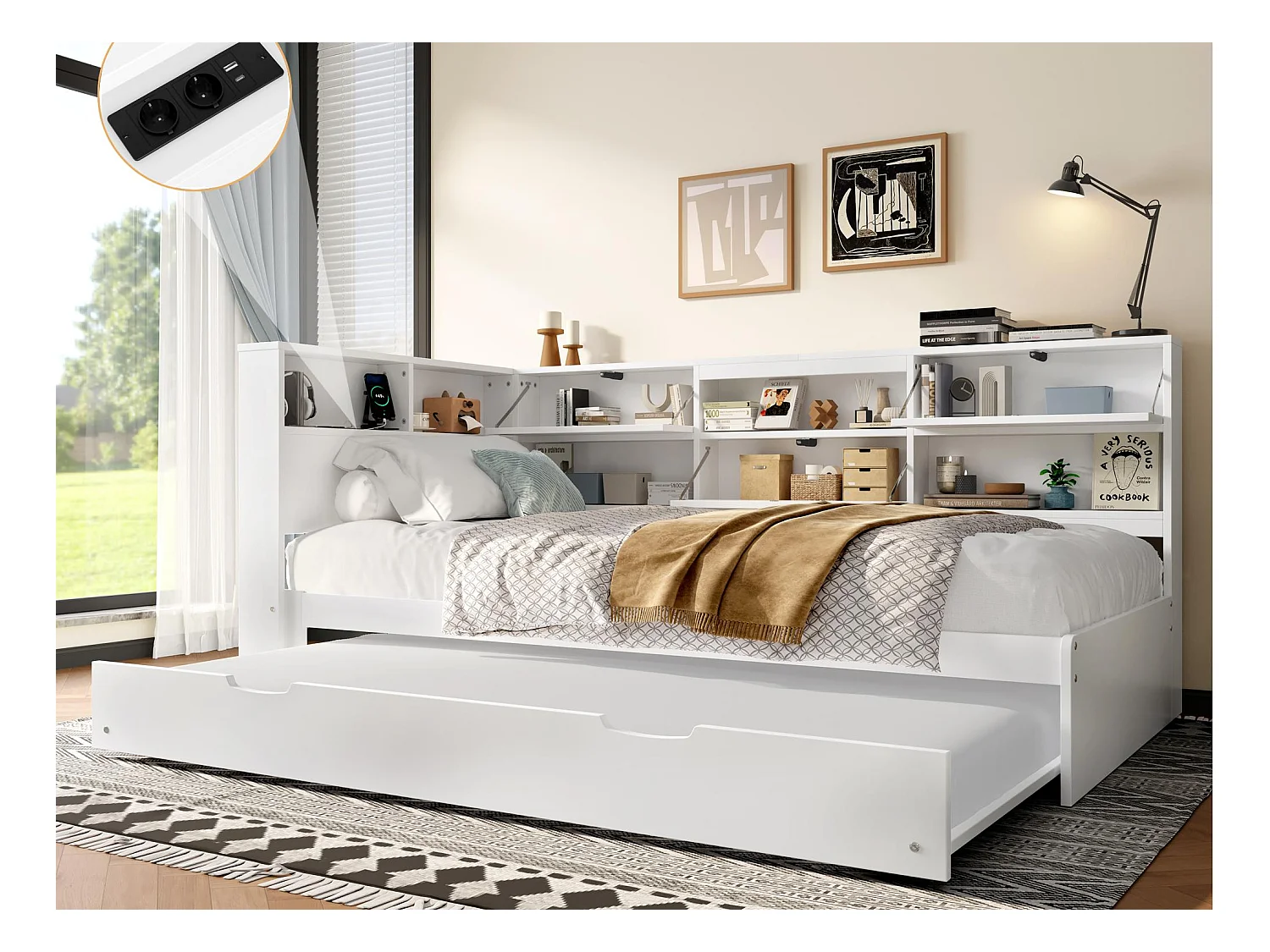 Canapé-lit 90x200 cm - avec USB + Type-C - avec rangement - avec lit gigogne - blanc (matelas non inclus)