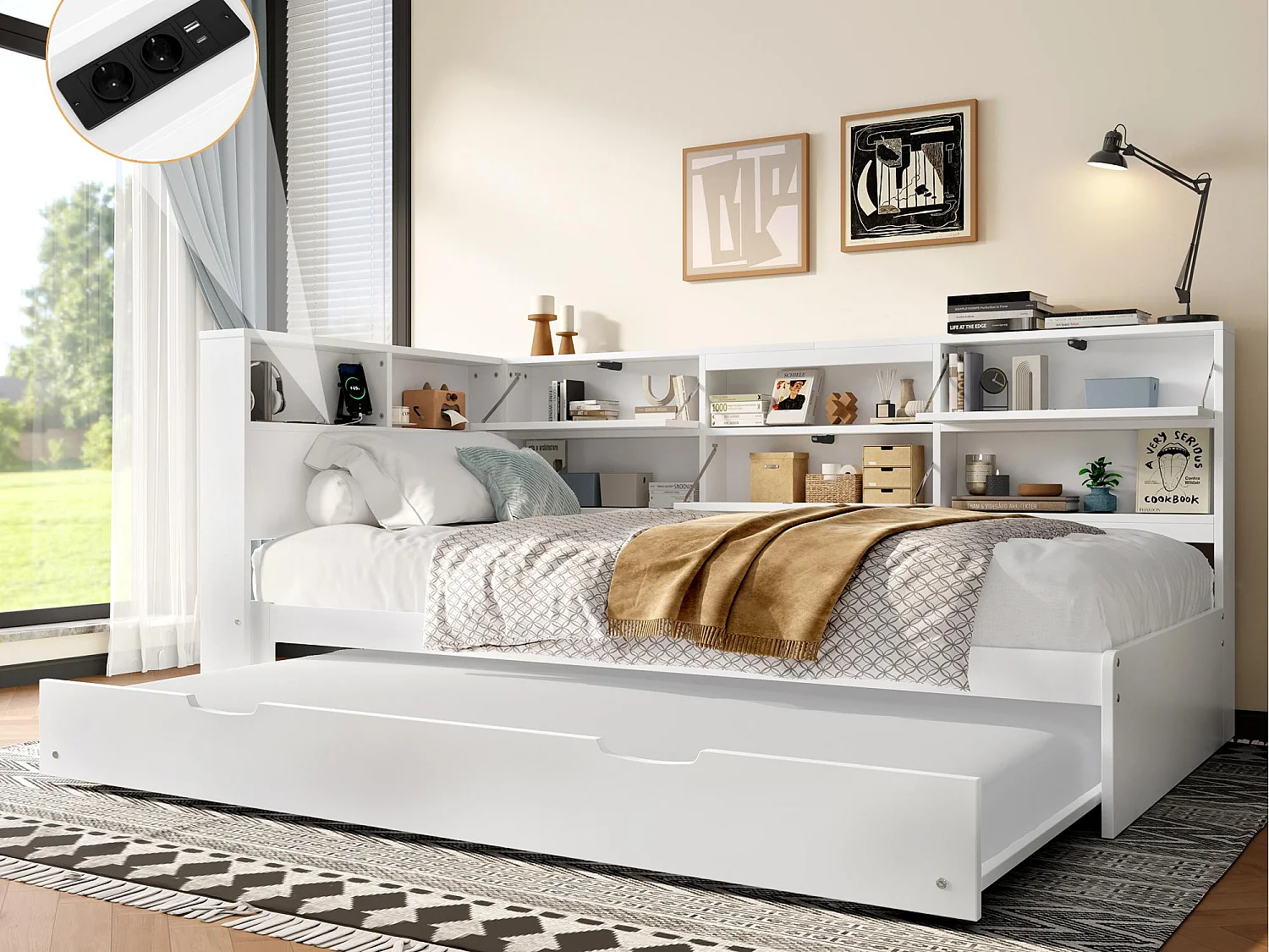 Sofá-cama 90×200 cm - com USB + Type-C - com armazenamento - com cama extra - branco (colchão não incluído)