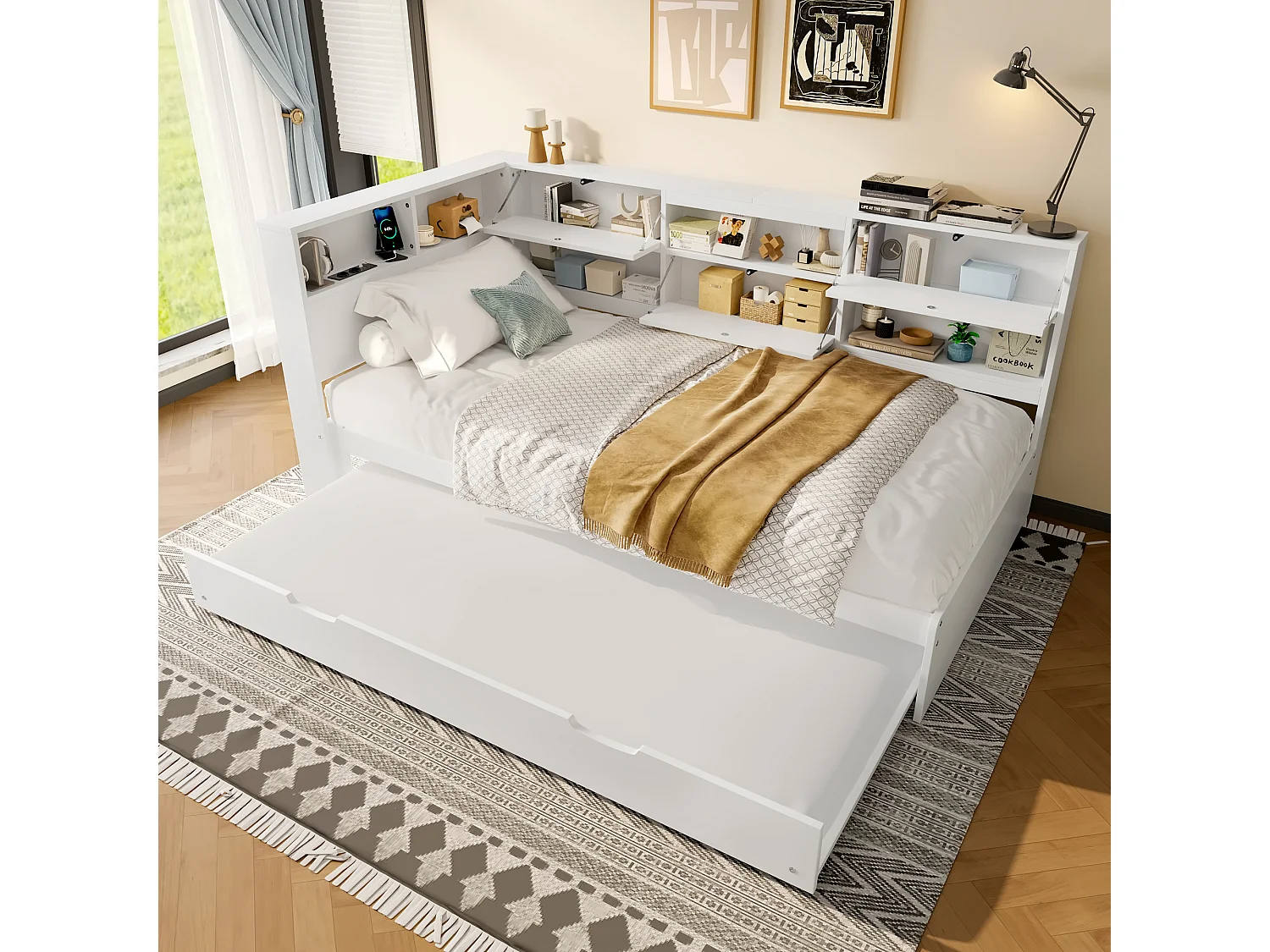 Sofá-cama 90×200 cm - com USB + Type-C - com armazenamento - com cama extra - branco (colchão não incluído)