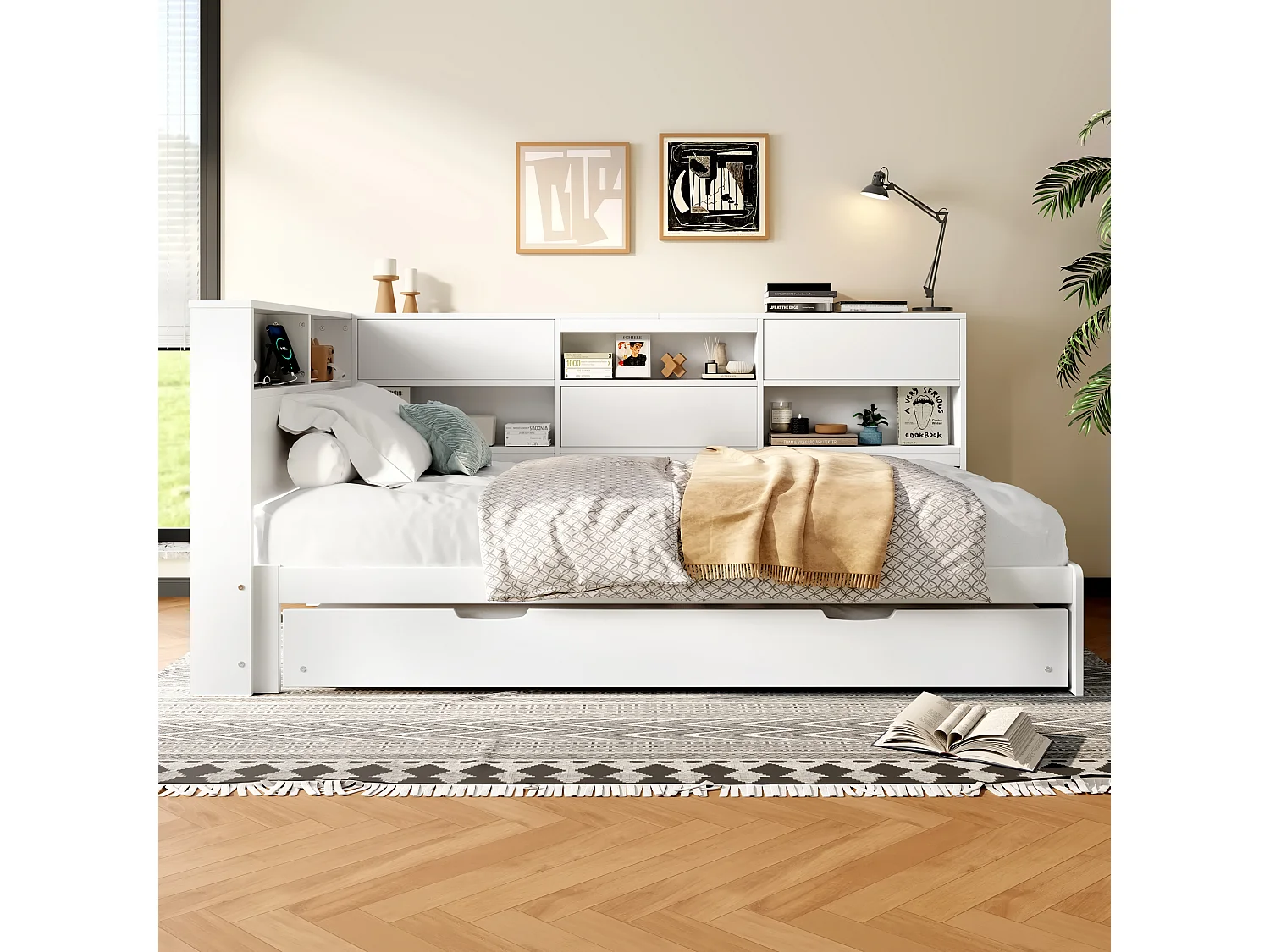 Sofá-cama 90×200 cm - com USB + Type-C - com armazenamento - com cama extra - branco (colchão não incluído)