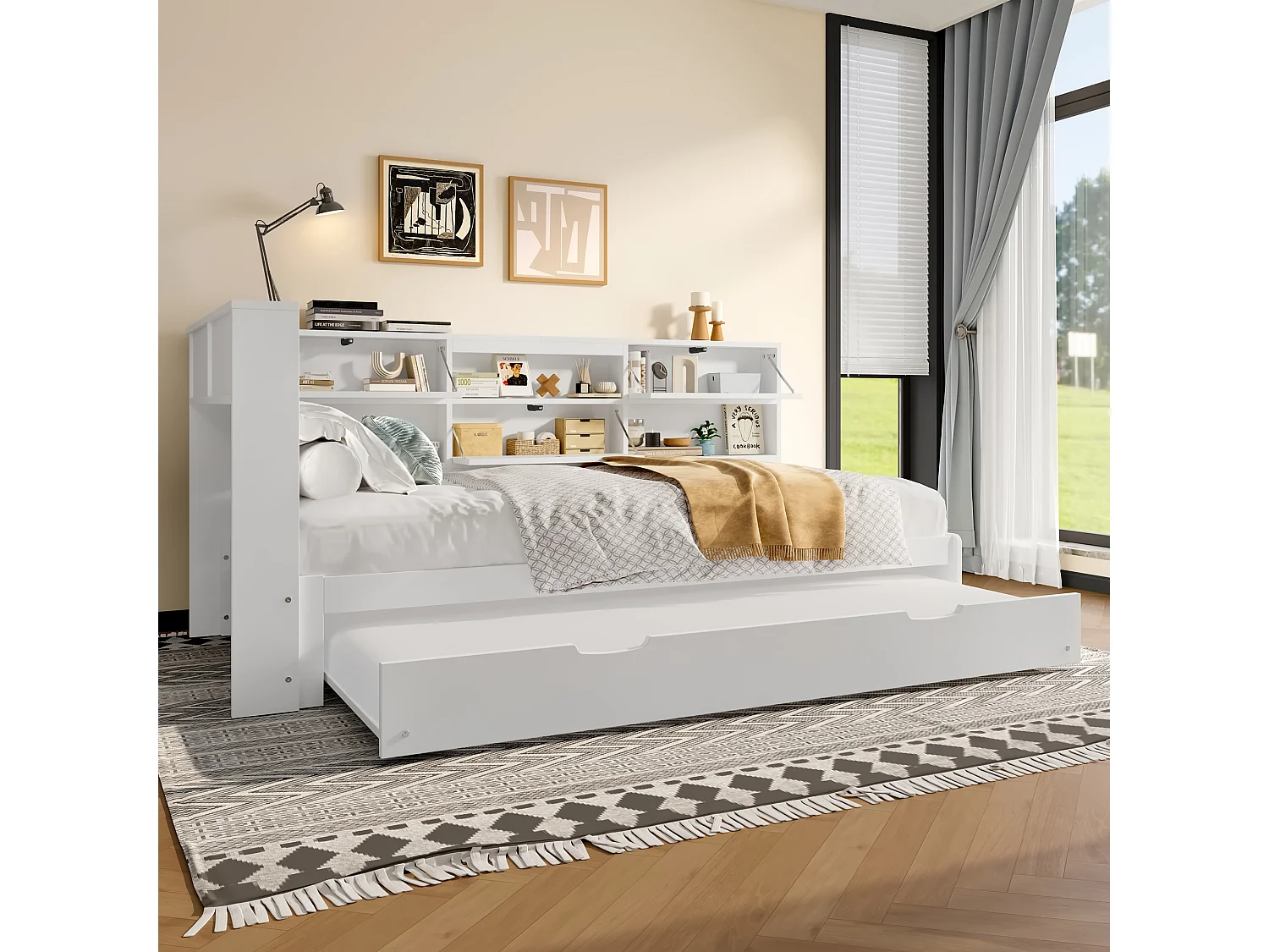 Sofá-cama 90×200 cm - com USB + Type-C - com armazenamento - com cama extra - branco (colchão não incluído)