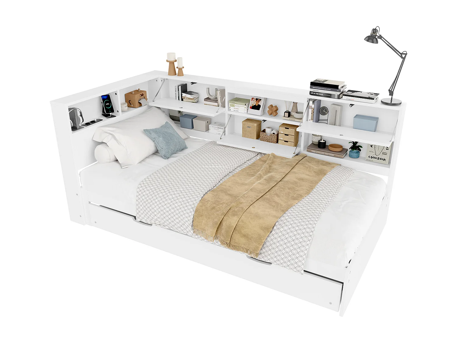 Sofá-cama 90×200 cm - com USB + Type-C - com armazenamento - com cama extra - branco (colchão não incluído)