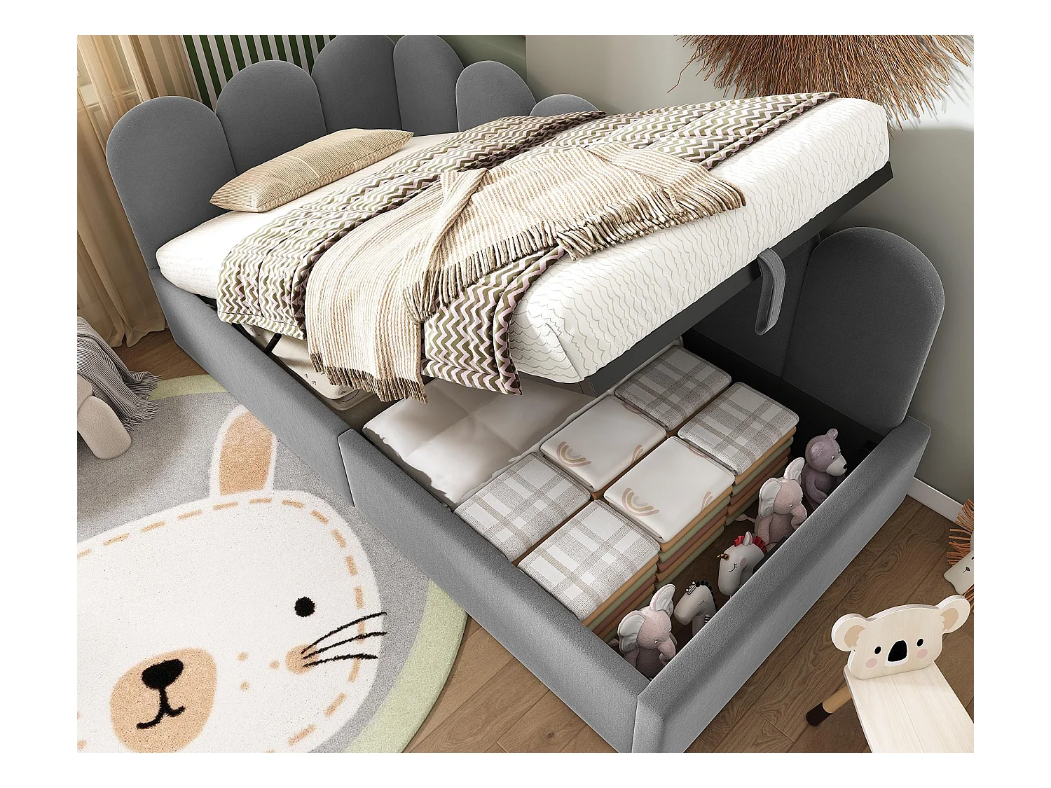 Lit banquette avec rangement - tissu en velours - 90x190 cm - avec sommier à lattes - Gris (sans matelas)