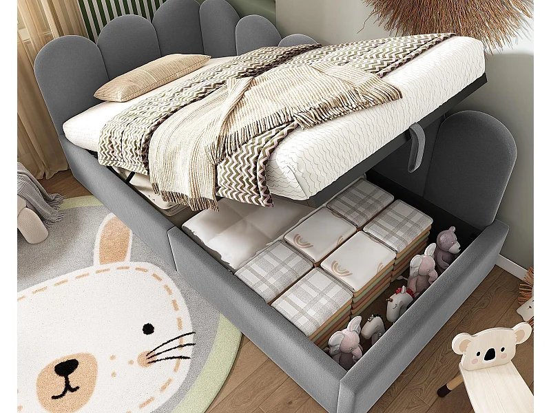 Lit banquette avec rangement - tissu en velours - 90x190 cm - avec sommier à lattes - Gris (sans matelas)