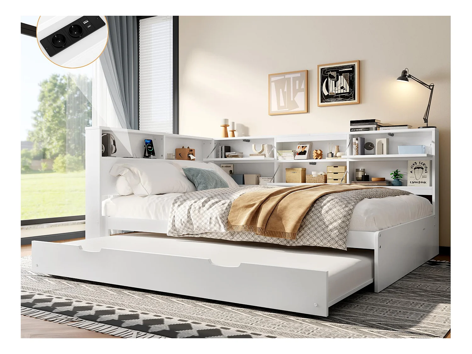 Canapé-lit 140x200 cm - avec USB + Type-C - avec rangement - avec lit gigogne - blanc (matelas non inclus)