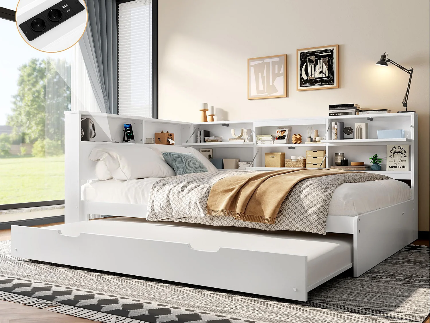 Sofá-cama 140×200 cm - com USB + Type-C - com armazenamento - com cama extra - branco (colchão não incluído)