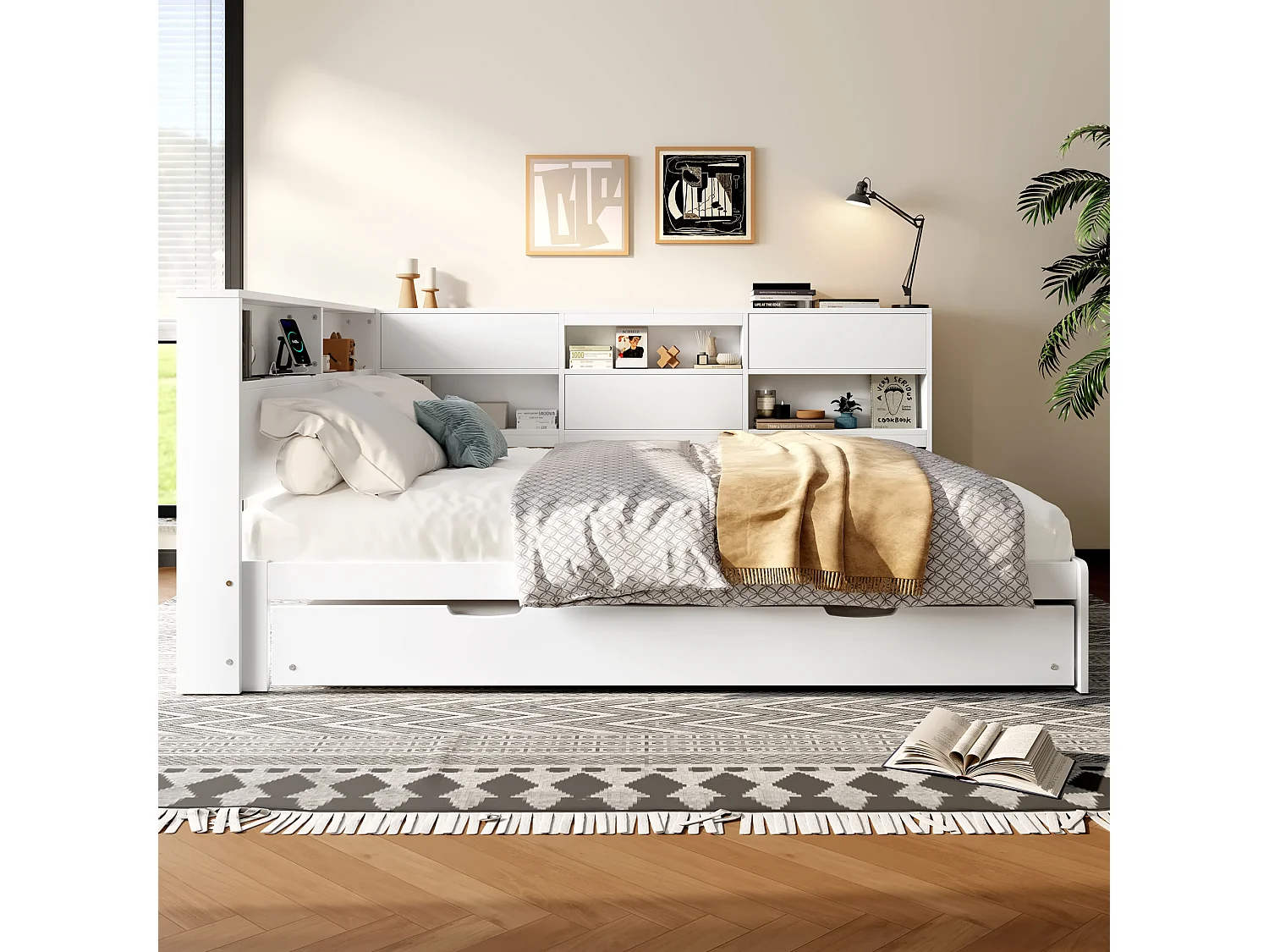 Sofá-cama 140×200 cm - com USB + Type-C - com armazenamento - com cama extra - branco (colchão não incluído)