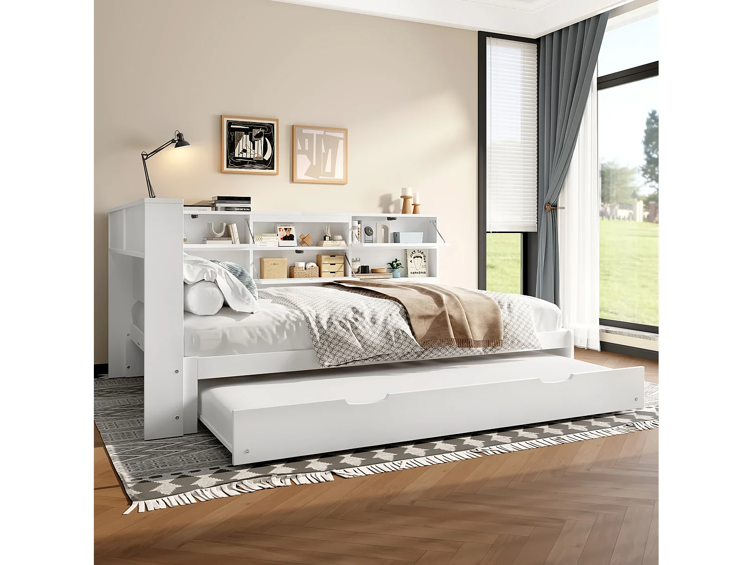 Sofá-cama 140×200 cm - com USB + Type-C - com armazenamento - com cama extra - branco (colchão não incluído)