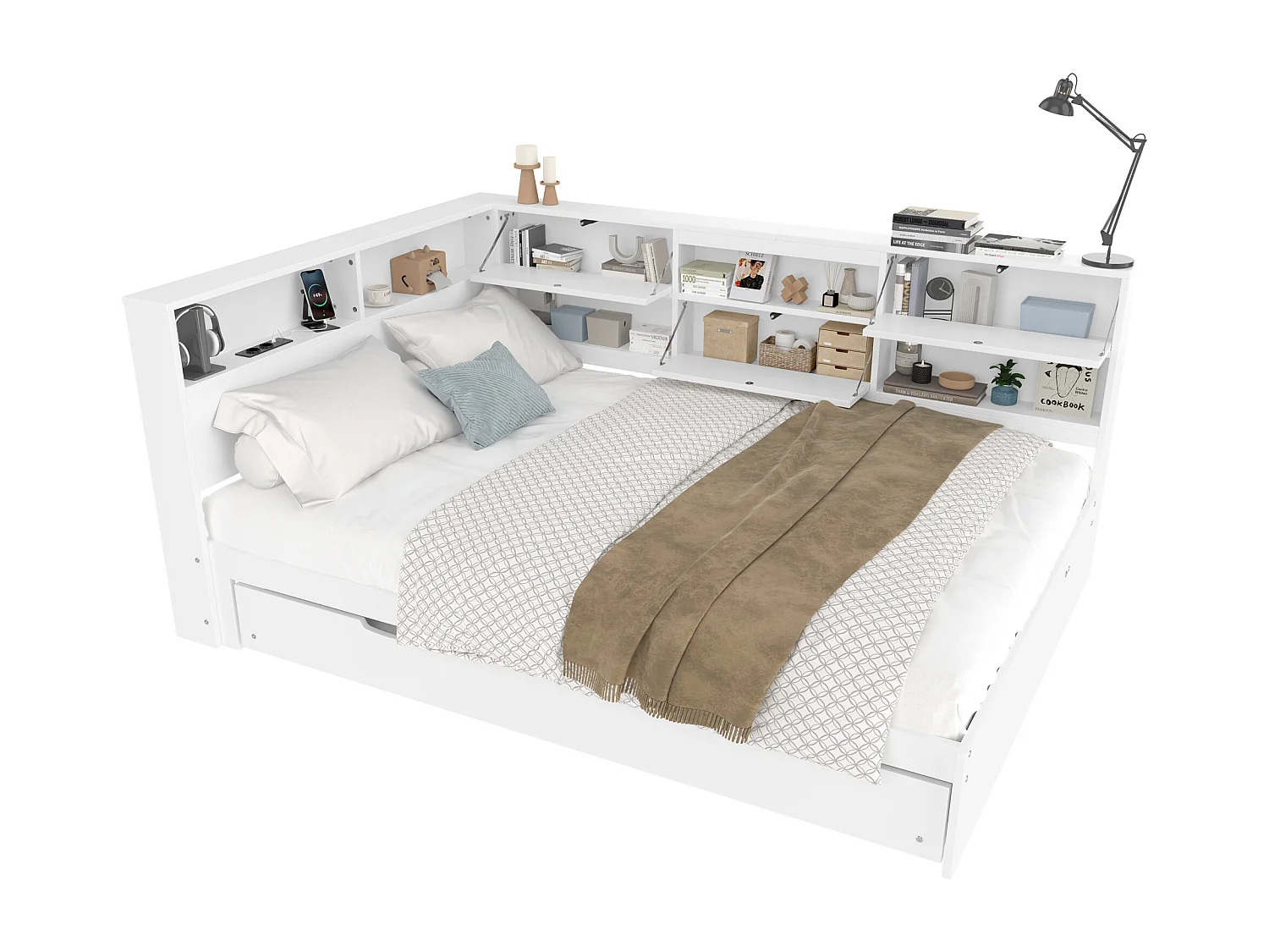 Sofá-cama 140×200 cm - com USB + Type-C - com armazenamento - com cama extra - branco (colchão não incluído)