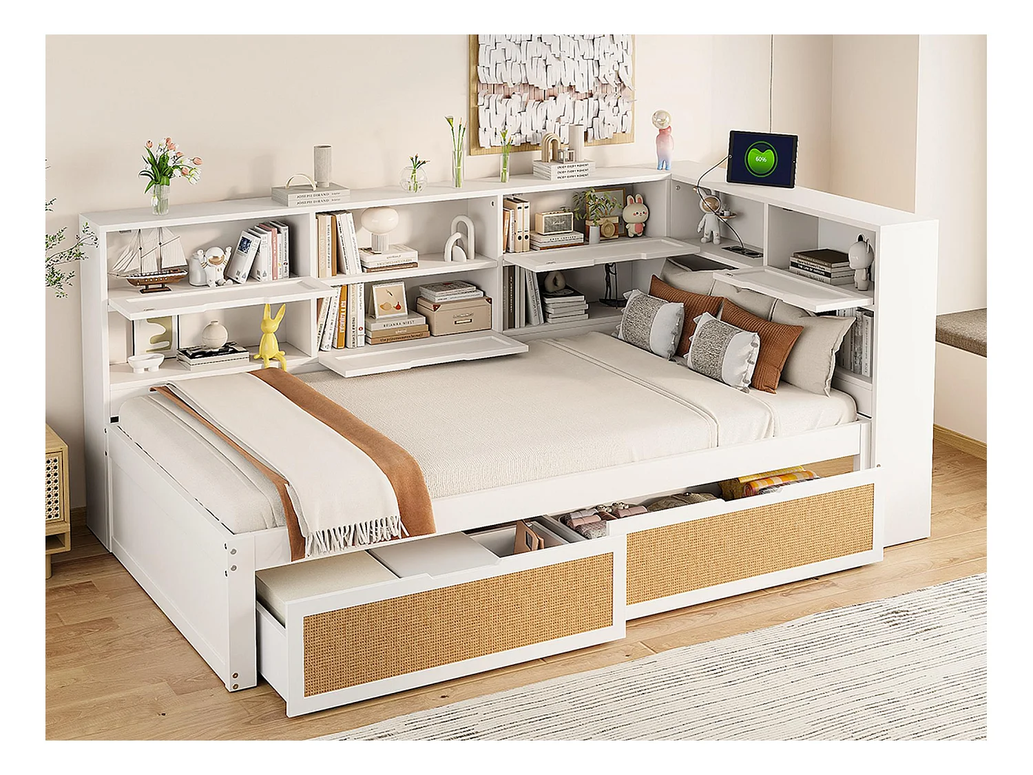 Canapé-lit en bois massif 90x200 cm - avec 2 tiroirs - nombreux rangements - avec port de charge - Blanc (sans matelas)