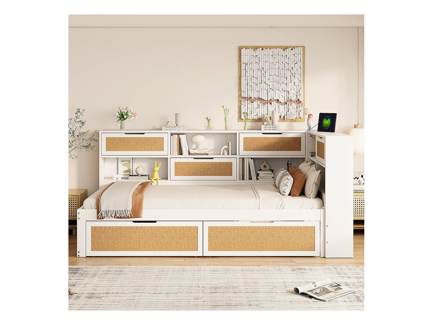 Canapé-lit en bois massif 90x200 cm - avec 2 tiroirs - nombreux rangements - avec port de charge - Blanc (sans matelas)