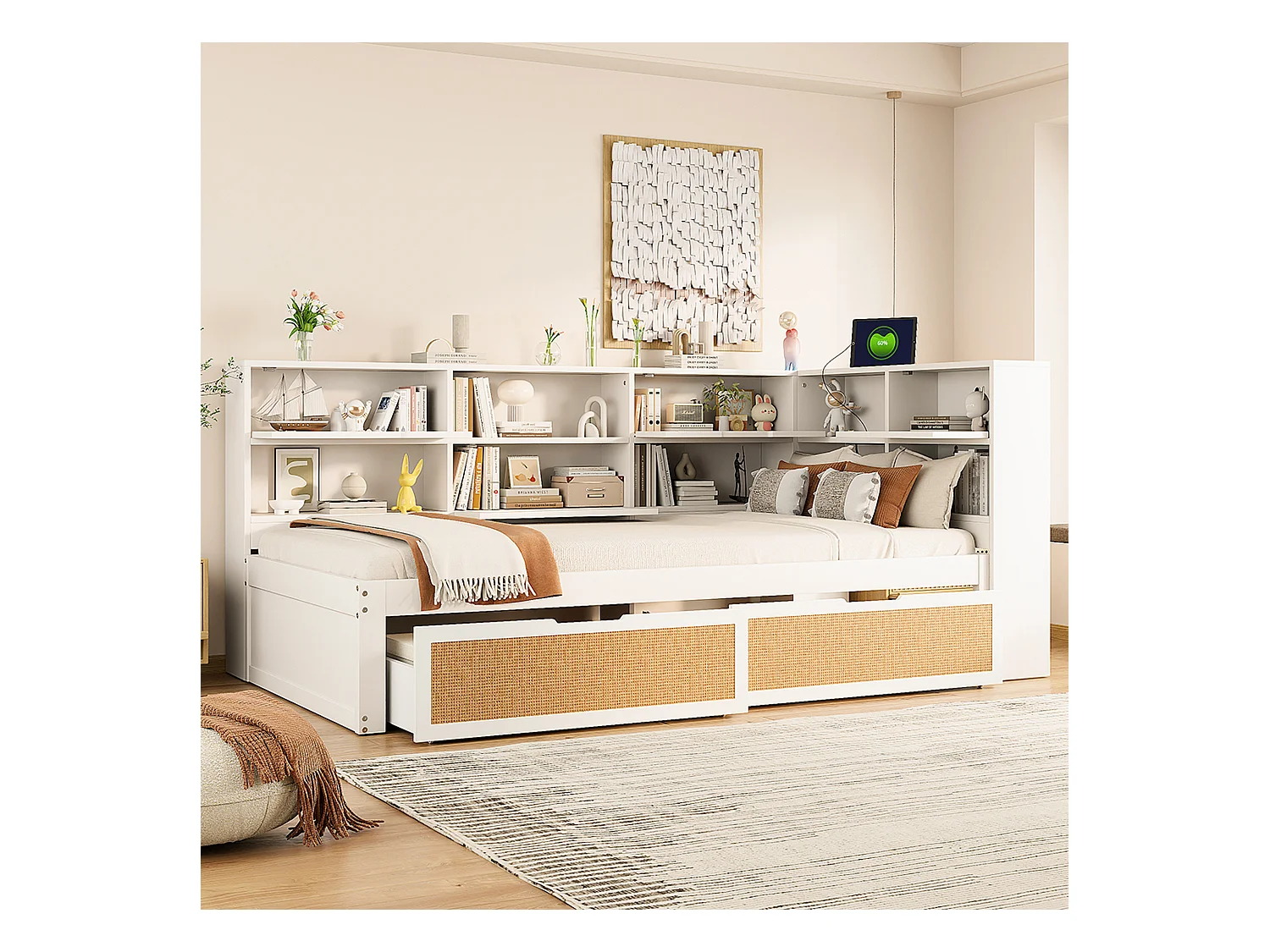 Canapé-lit en bois massif 90x200 cm - avec 2 tiroirs - nombreux rangements - avec port de charge - Blanc (sans matelas)