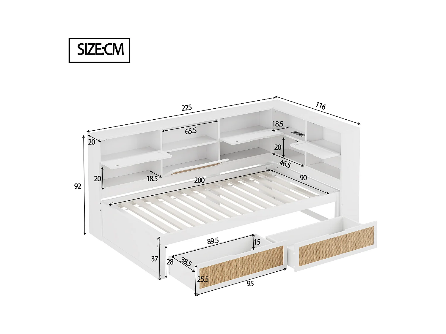 Canapé-lit en bois massif 90x200 cm - avec 2 tiroirs - nombreux rangements - avec port de charge - Blanc (sans matelas)