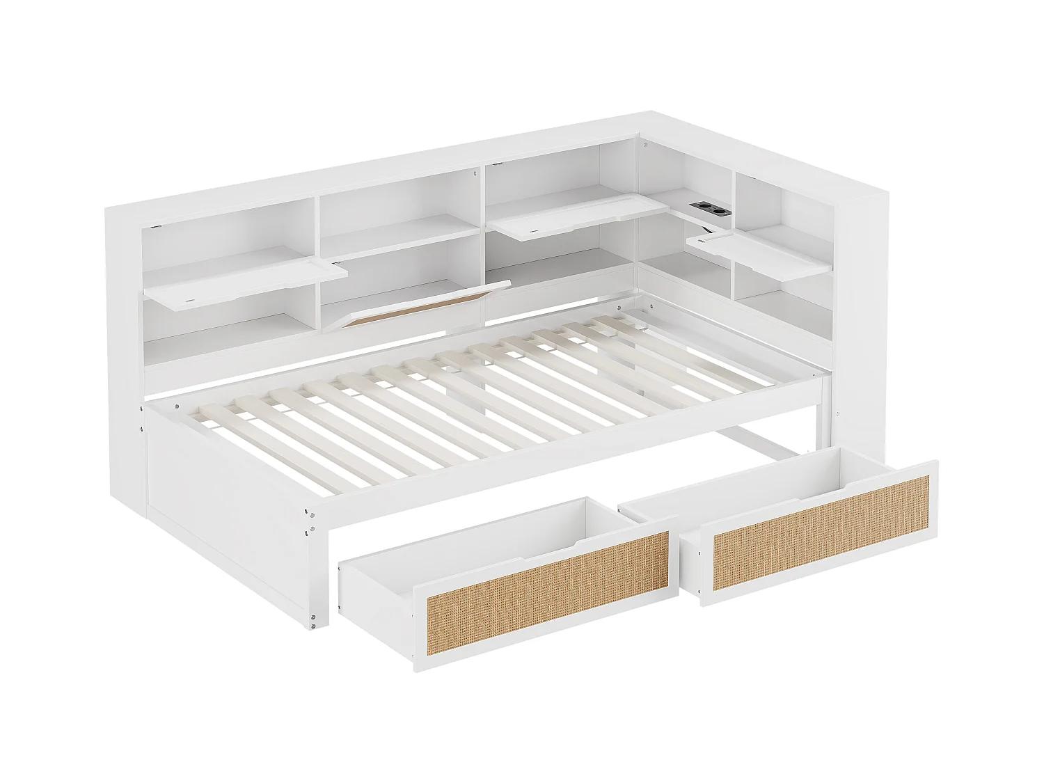 Canapé-lit en bois massif 90x200 cm - avec 2 tiroirs - nombreux rangements - avec port de charge - Blanc (sans matelas)