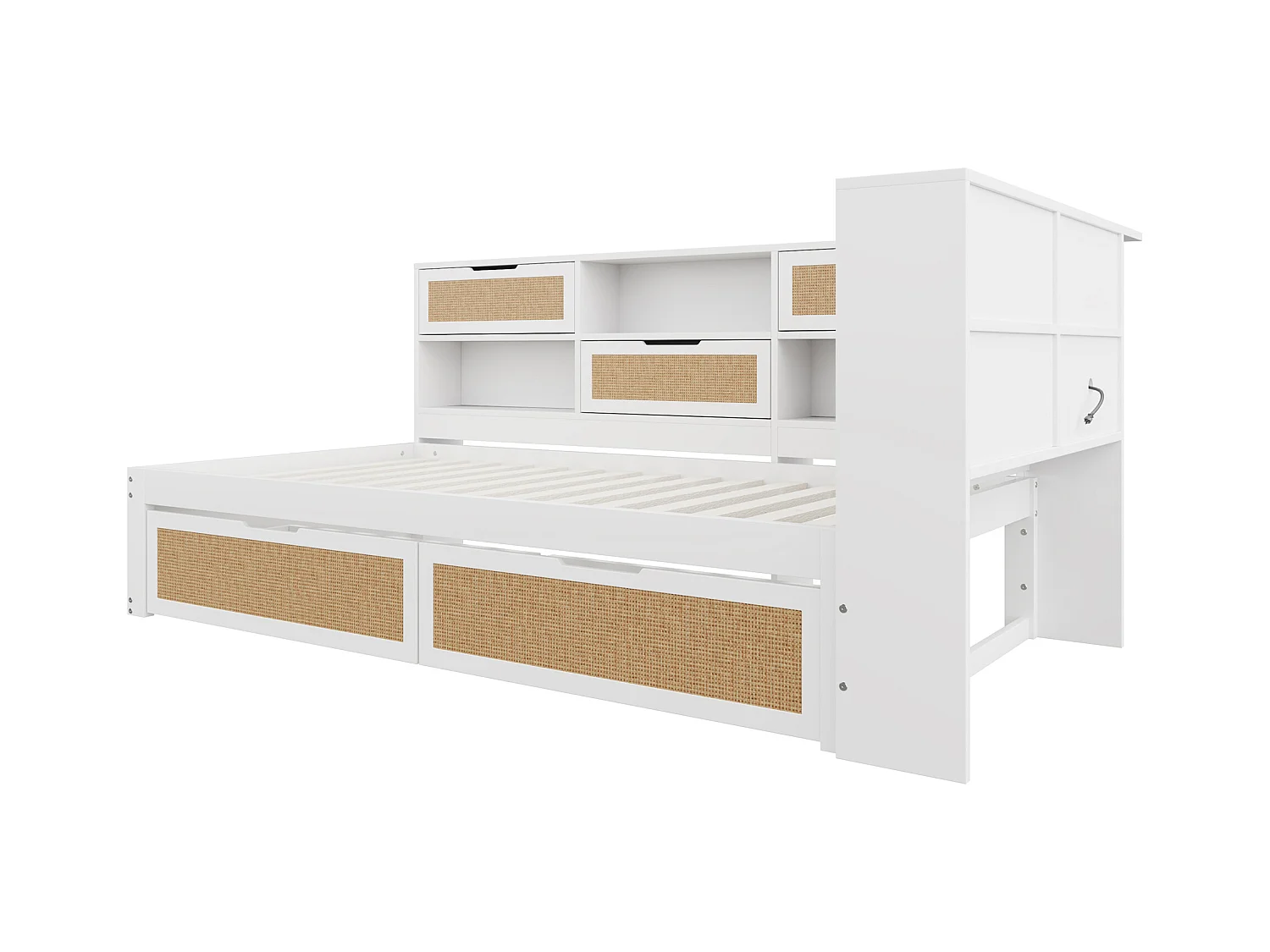 Canapé-lit en bois massif 90x200 cm - avec 2 tiroirs - nombreux rangements - avec port de charge - Blanc (sans matelas)