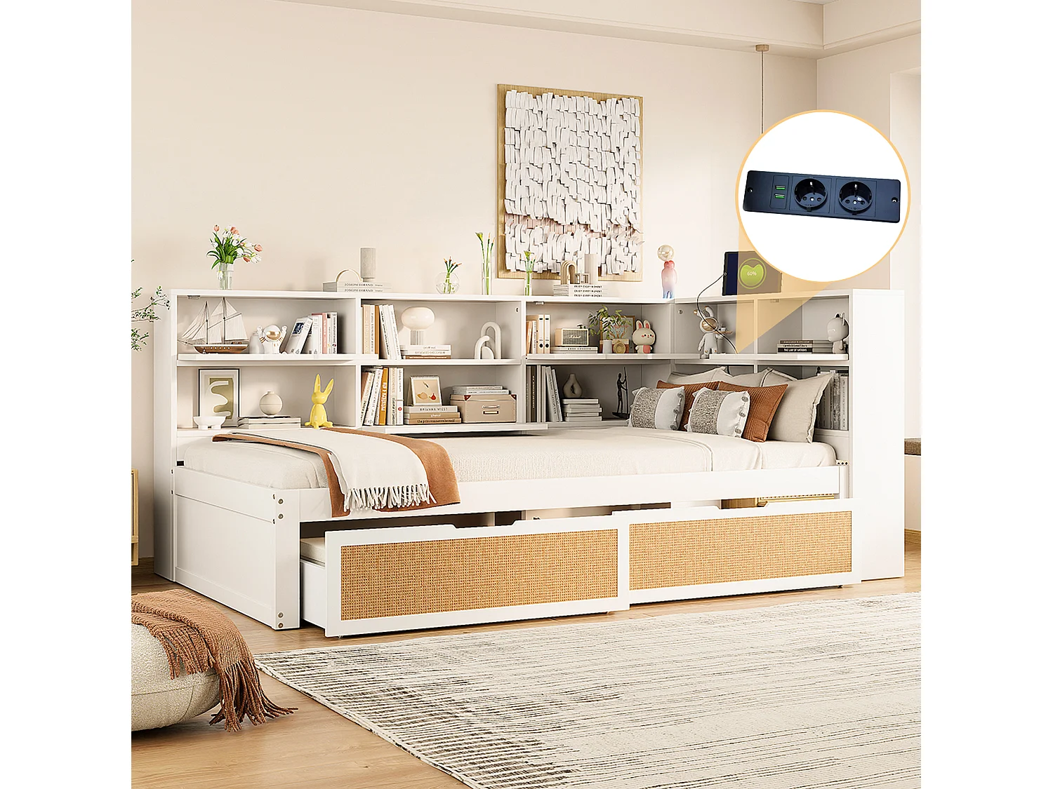 Massivholz-Schlafsofa 90×200 cm - mit 2 Schubladen - viel Stauraum - mit Ladestation - weiß (ohne Matratze)