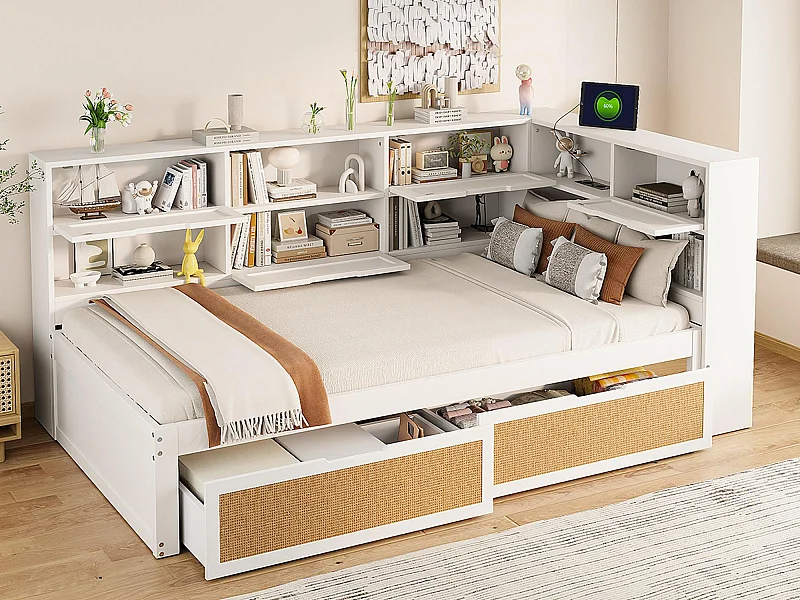 Massivholz-Schlafsofa 90×200 cm - mit 2 Schubladen - viel Stauraum - mit Ladestation - weiß (ohne Matratze)