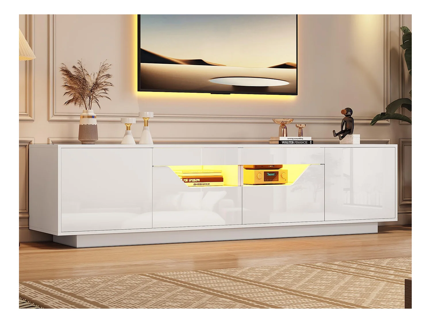 Hochglanz-TV-Schrank 180×40×45 cm - mit LED-Beleuchtung - 2 Schubladen und 2 Türen - Für 75-Zoll-Fernseher geeignet - weiß