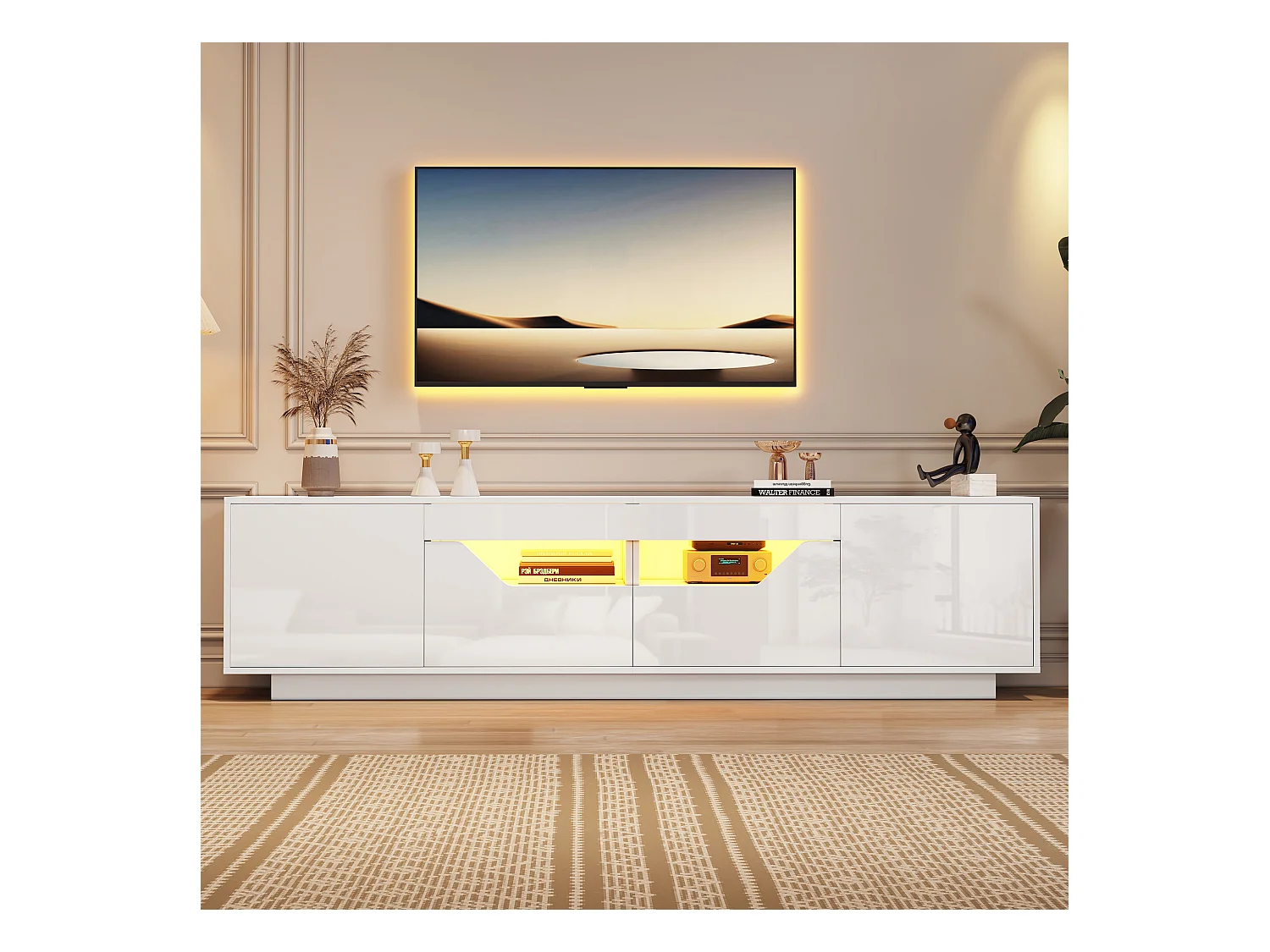 Hochglanz-TV-Schrank 180×40×45 cm - mit LED-Beleuchtung - 2 Schubladen und 2 Türen - Für 75-Zoll-Fernseher geeignet - weiß