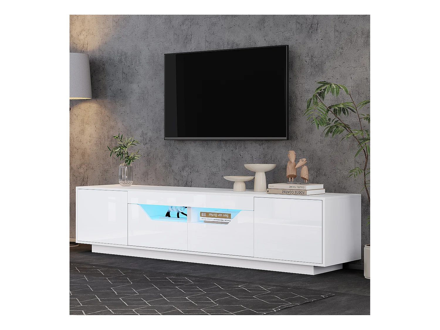 Hochglanz-TV-Schrank 180×40×45 cm - mit LED-Beleuchtung - 2 Schubladen und 2 Türen - Für 75-Zoll-Fernseher geeignet - weiß
