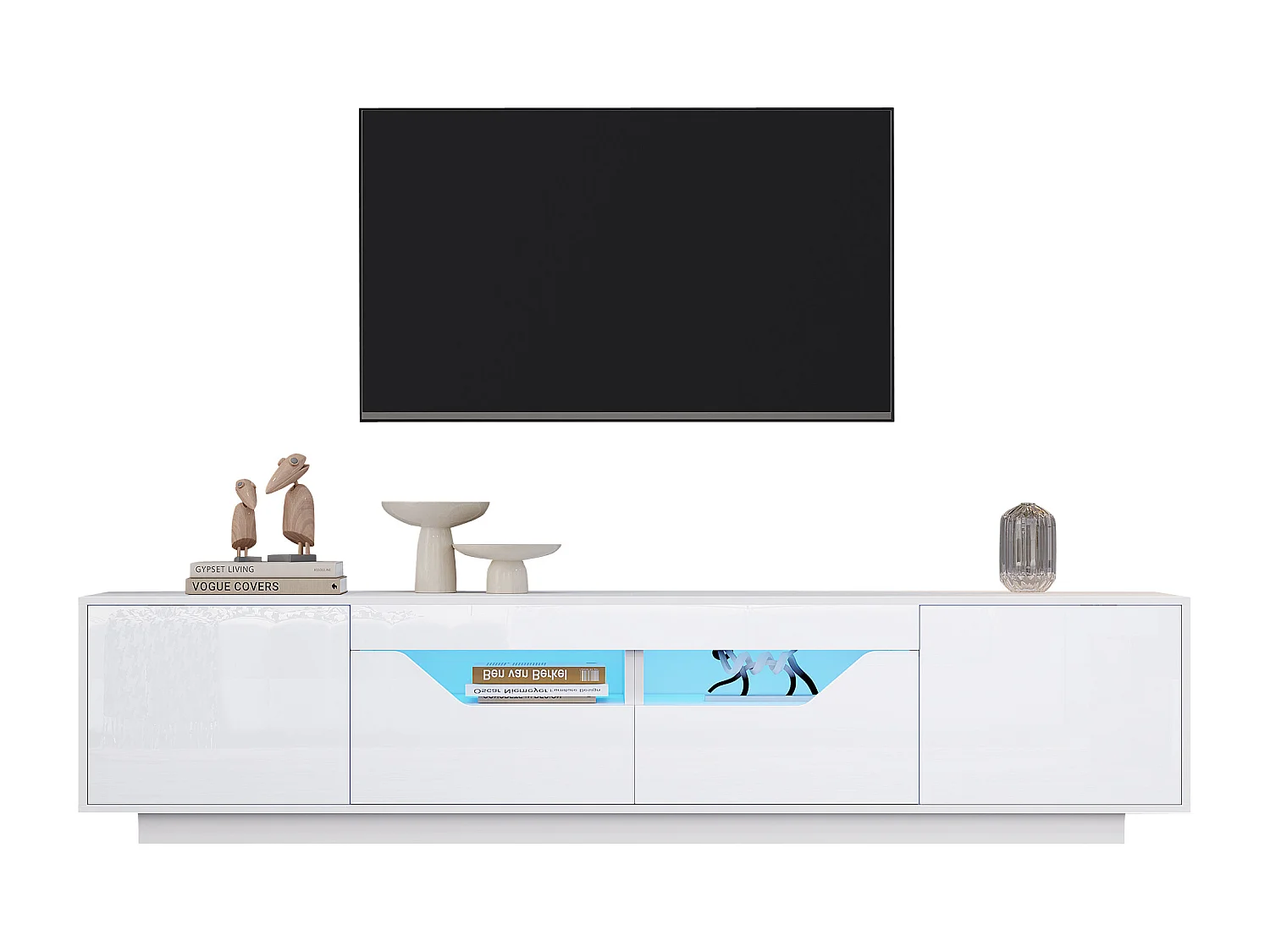 Hochglanz-TV-Schrank 180×40×45 cm - mit LED-Beleuchtung - 2 Schubladen und 2 Türen - Für 75-Zoll-Fernseher geeignet - weiß