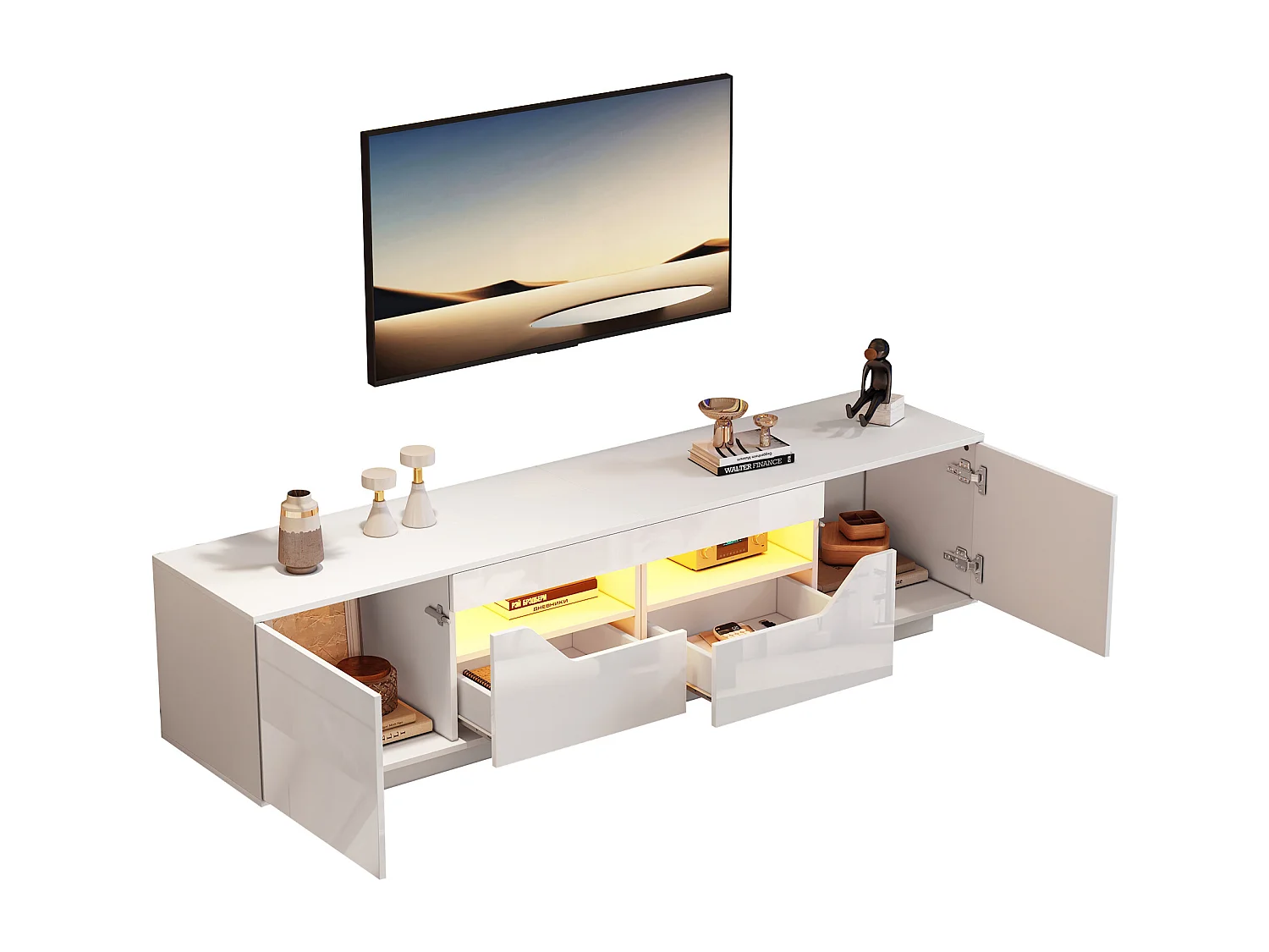 Hochglanz-TV-Schrank 180×40×45 cm - mit LED-Beleuchtung - 2 Schubladen und 2 Türen - Für 75-Zoll-Fernseher geeignet - weiß