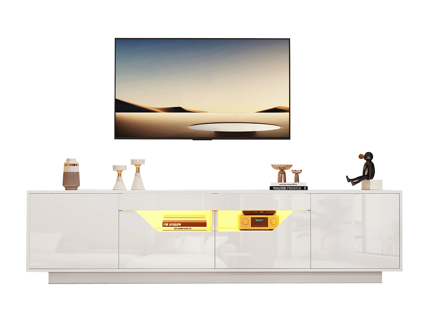 Hochglanz-TV-Schrank 180×40×45 cm - mit LED-Beleuchtung - 2 Schubladen und 2 Türen - Für 75-Zoll-Fernseher geeignet - weiß
