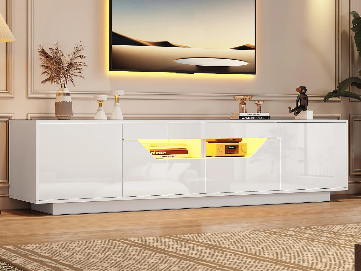 Hochglanz-TV-Schrank 180×40×45 cm - mit LED-Beleuchtung - 2 Schubladen und 2 Türen - Für 75-Zoll-Fernseher geeignet - weiß