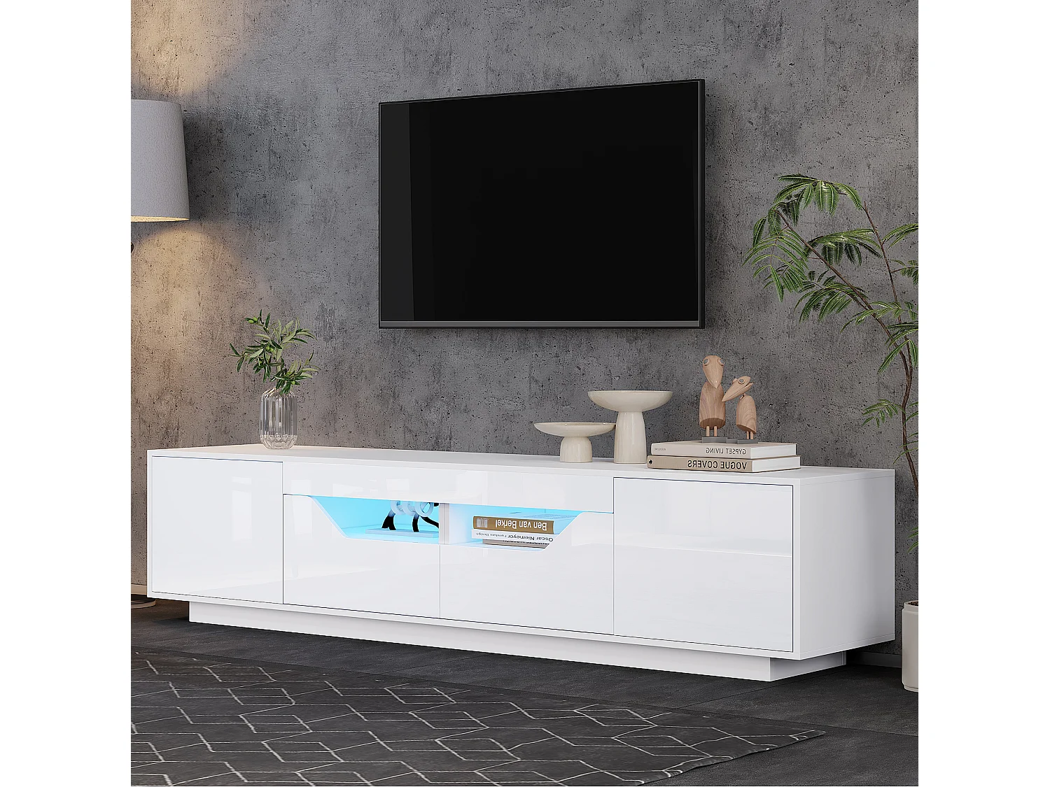 Hochglanz-TV-Schrank 180×40×45 cm - mit LED-Beleuchtung - 2 Schubladen und 2 Türen - Für 75-Zoll-Fernseher geeignet - weiß