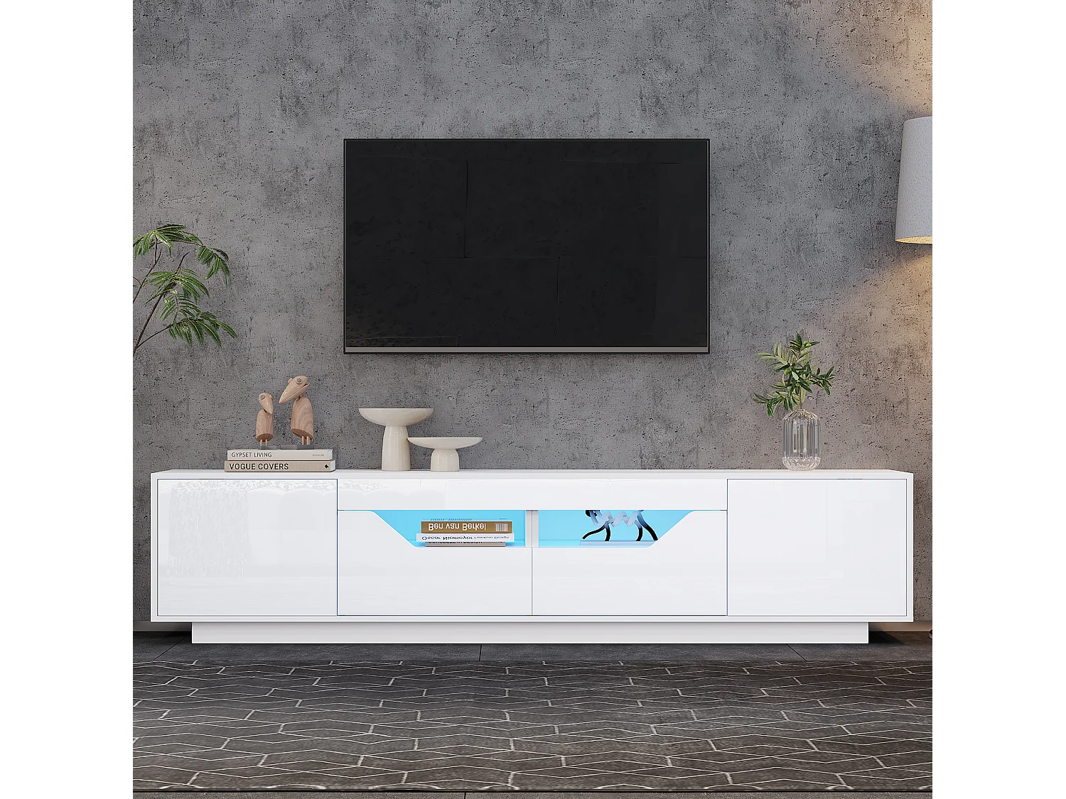 Hochglanz-TV-Schrank 180×40×45 cm - mit LED-Beleuchtung - 2 Schubladen und 2 Türen - Für 75-Zoll-Fernseher geeignet - weiß